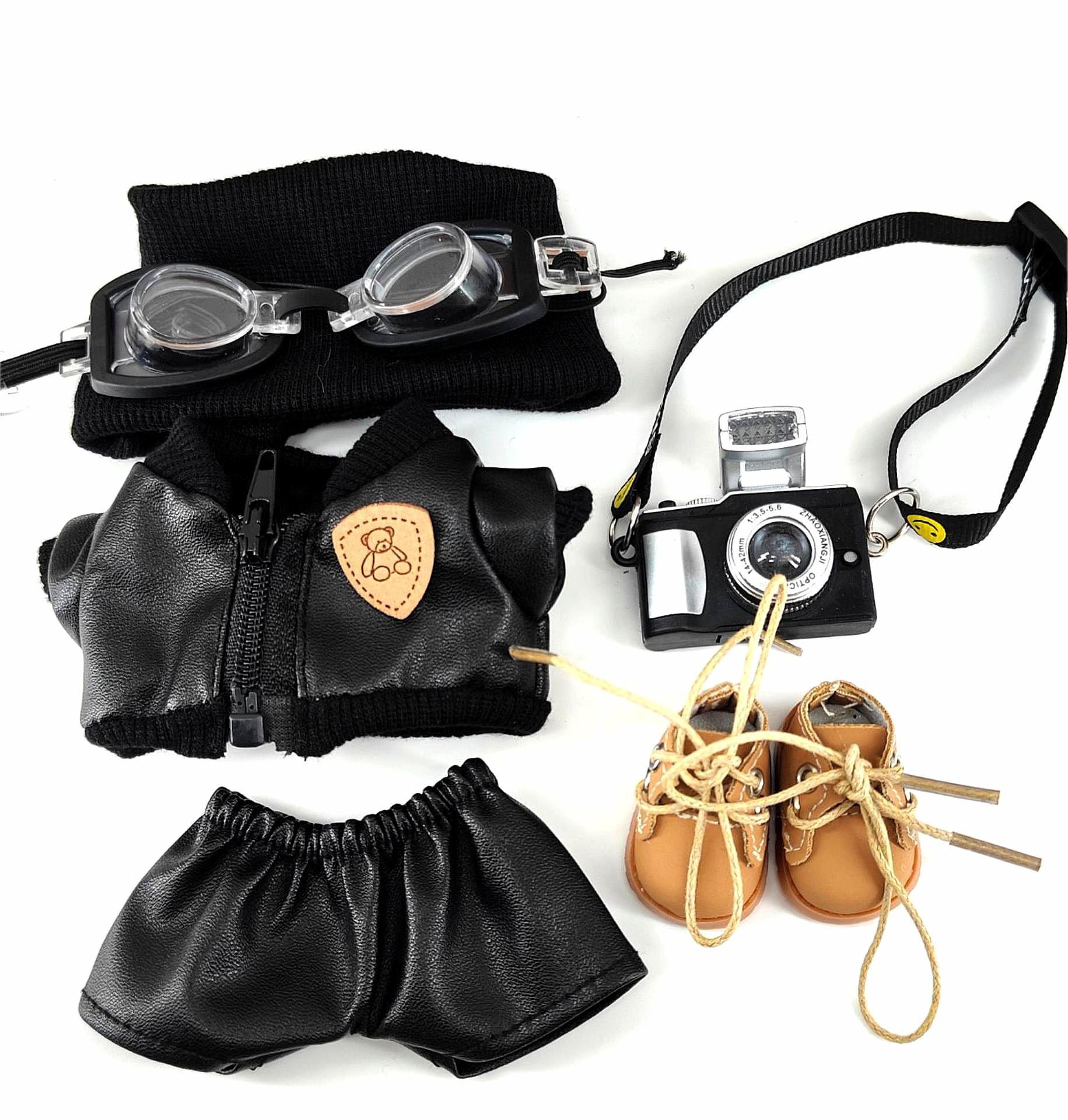 Clothes for 17cm Labubu(No Doll) 6-Pcs Leather Jacket with Hat,Goggles,Flash Camera & Boots,Street-Style Accessories Compatible with Labubu 17cm 15cm