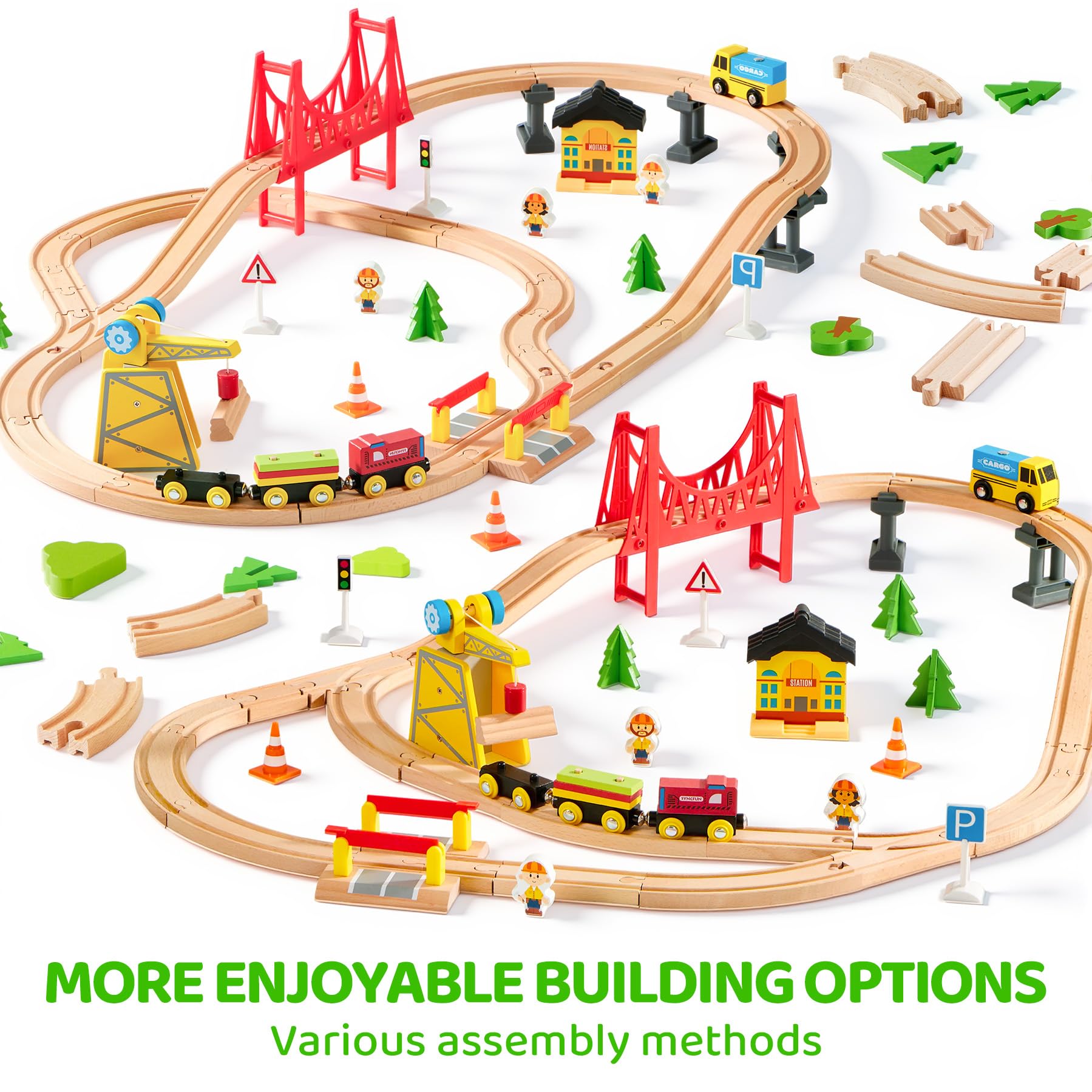 60PCS Wooden Train Set - Toy Magnetic Trains with Wooden Track Set for Kids Ages 3-8, Construction Crane Railway Set, Perfect Easter Birthday Gift