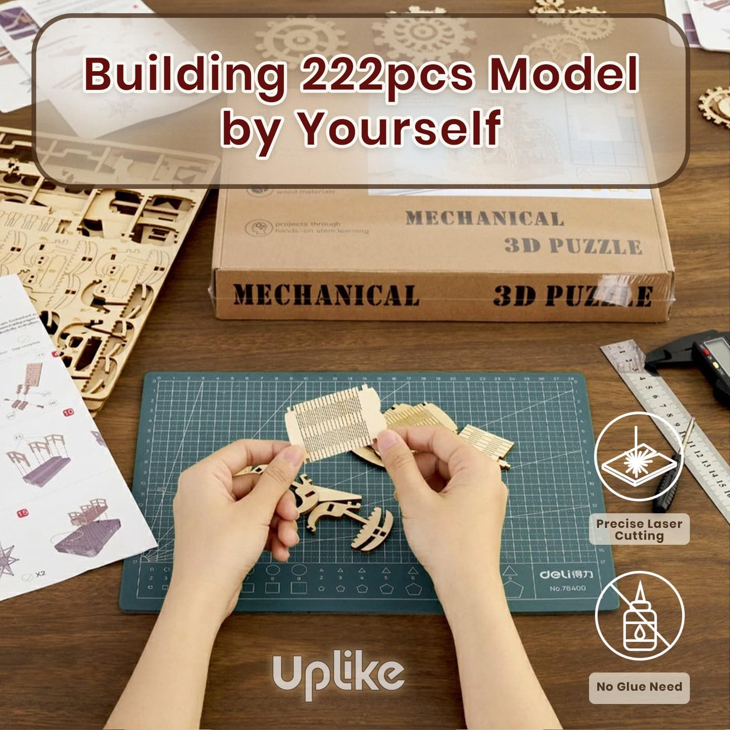 Uplike 3D Wooden Puzzles for Adults: 3D Puzzle Light-Up Ferris Wheel with Music Box - 222psc Wooden Puzzles Model Building Kits Fun Gifts for Adult