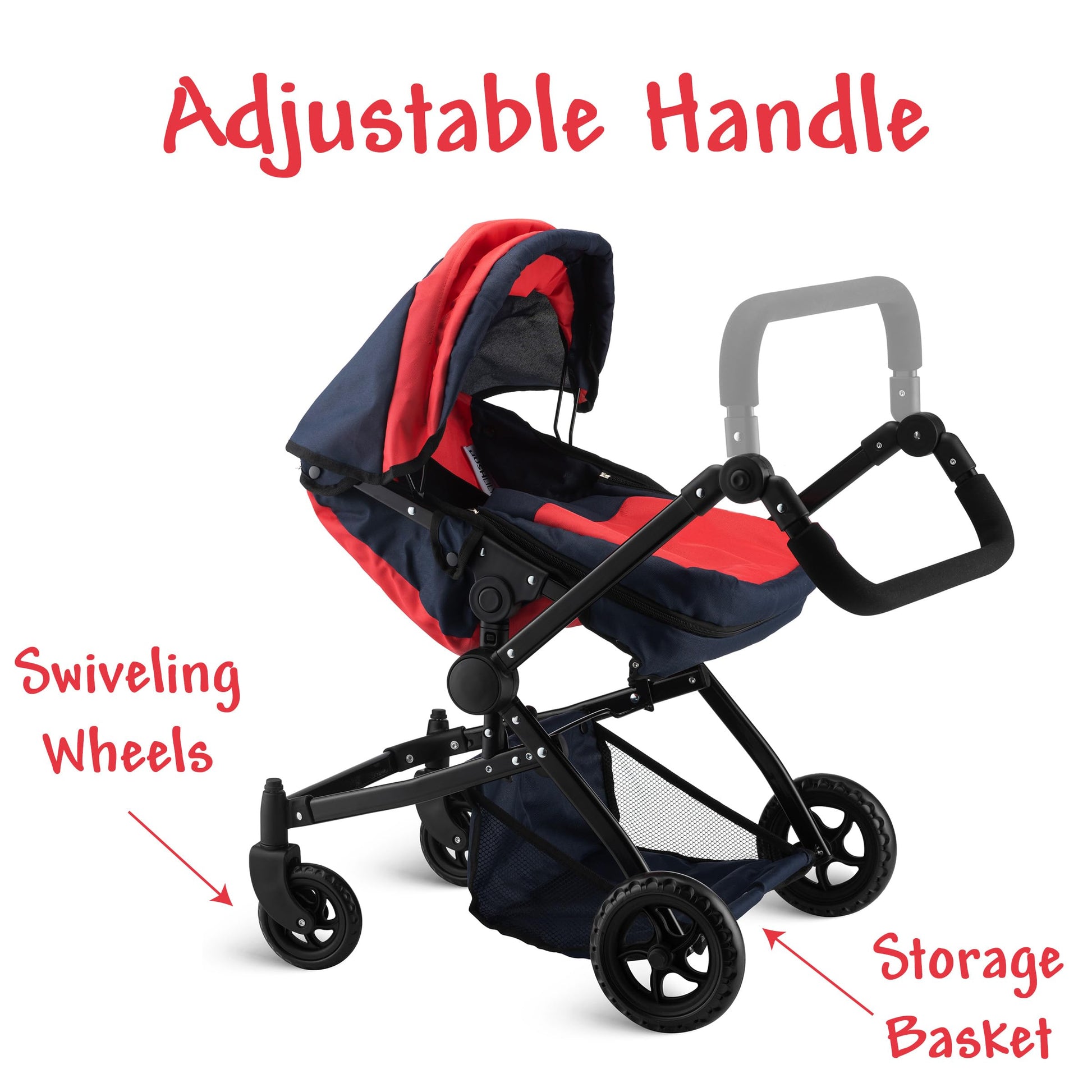 Double Doll Stroller for Twin Baby Dolls - Convertible Seat Toy Stroller for Toddlers 3 Years and up, Adjustable Handle with Storage Basket, Red