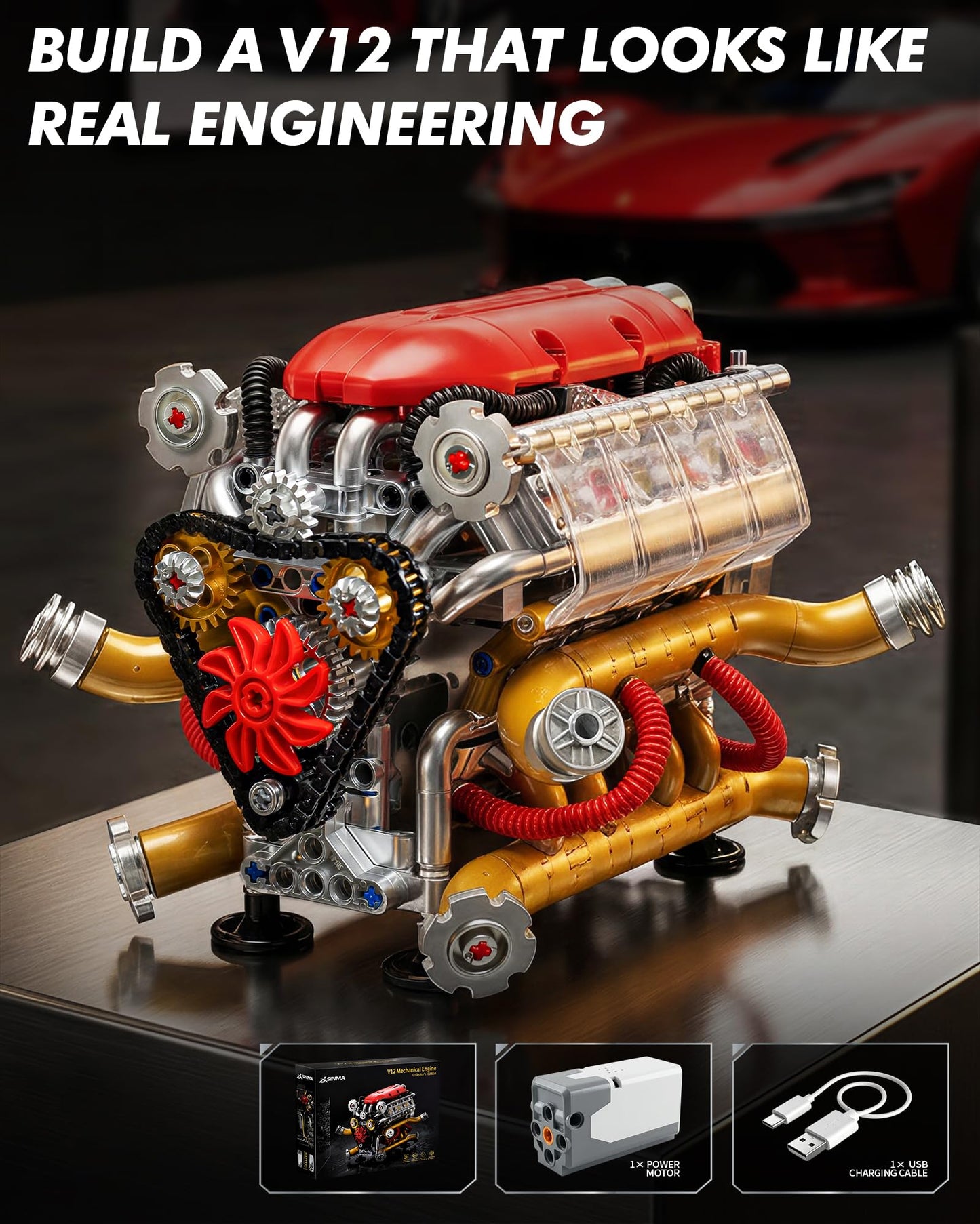 JSINMA V12 Engine Model Kit that Runs, Motorized Mechanical Building Set for Adults with Visible Moving Pistons, Transparent Side Cover, Desk Display