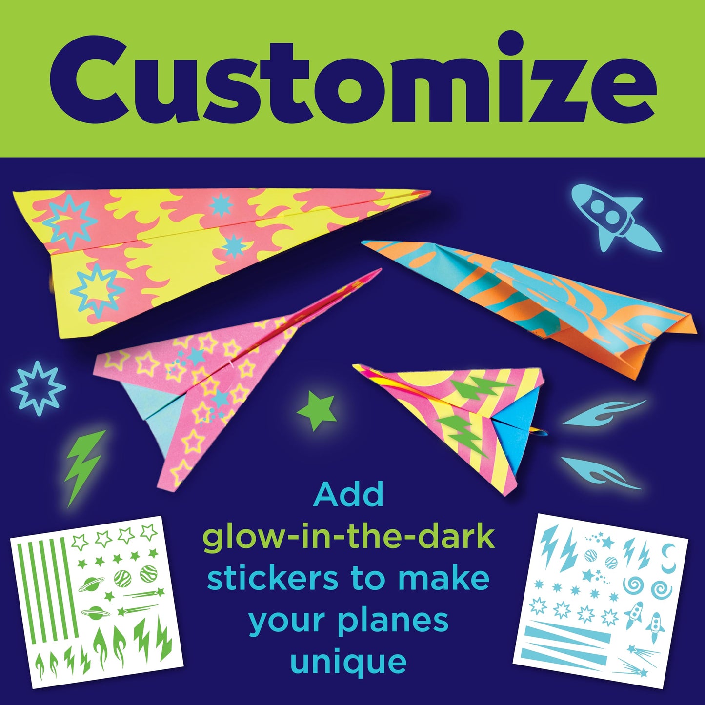 Creativity for Kids Paper Airplane Kit - Stunt Squadron Neon Glow, Makes 70 Paper Airplanes and 2 Plane Launchers, STEM Birthday or Summer Activities