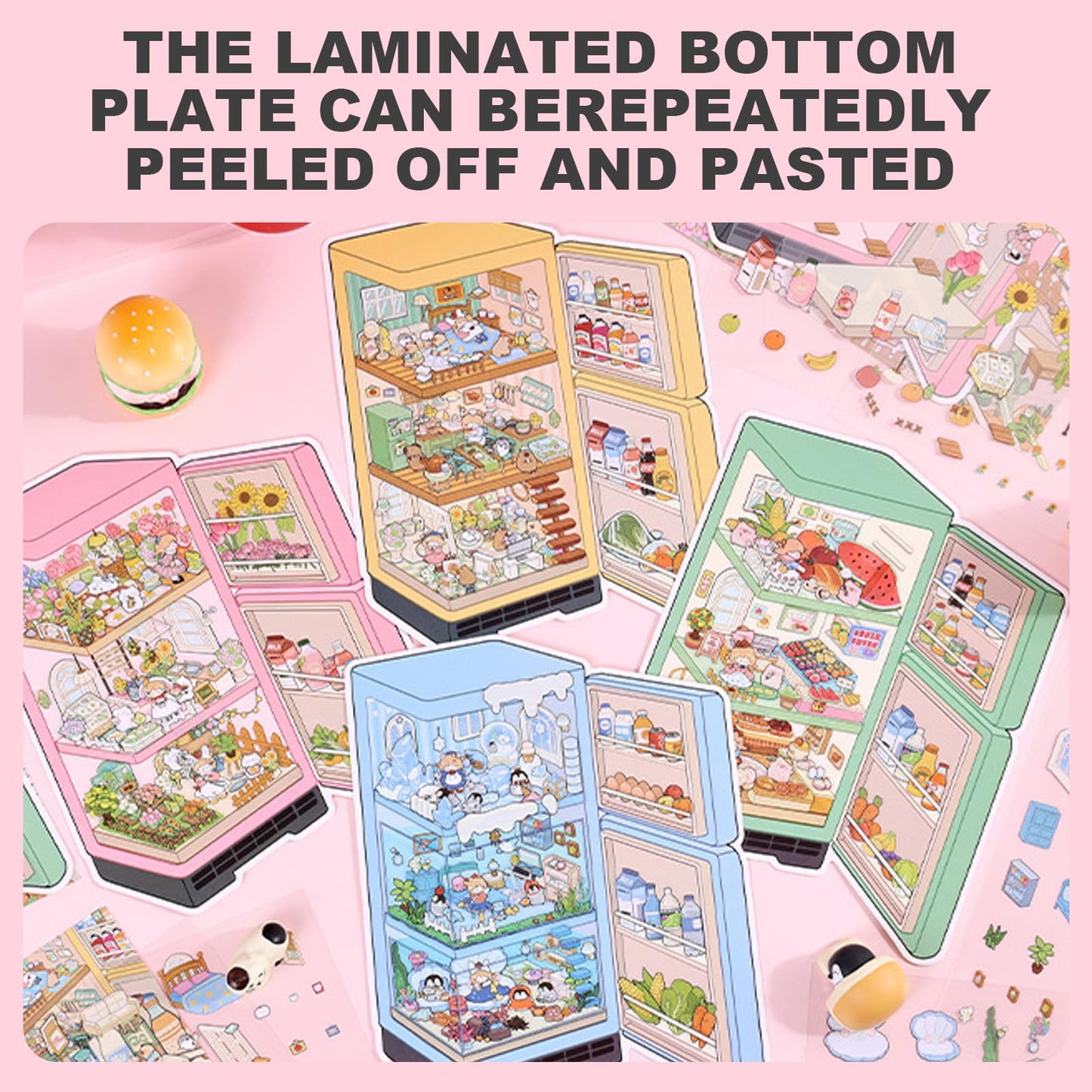 ZSYTZL 4 Sheets 3D DIY Stickers Scene, Cute Miniature Scene Sticker Waterproof Quiet Book with Tweezers Four Seasons Flowers Decorating Phones