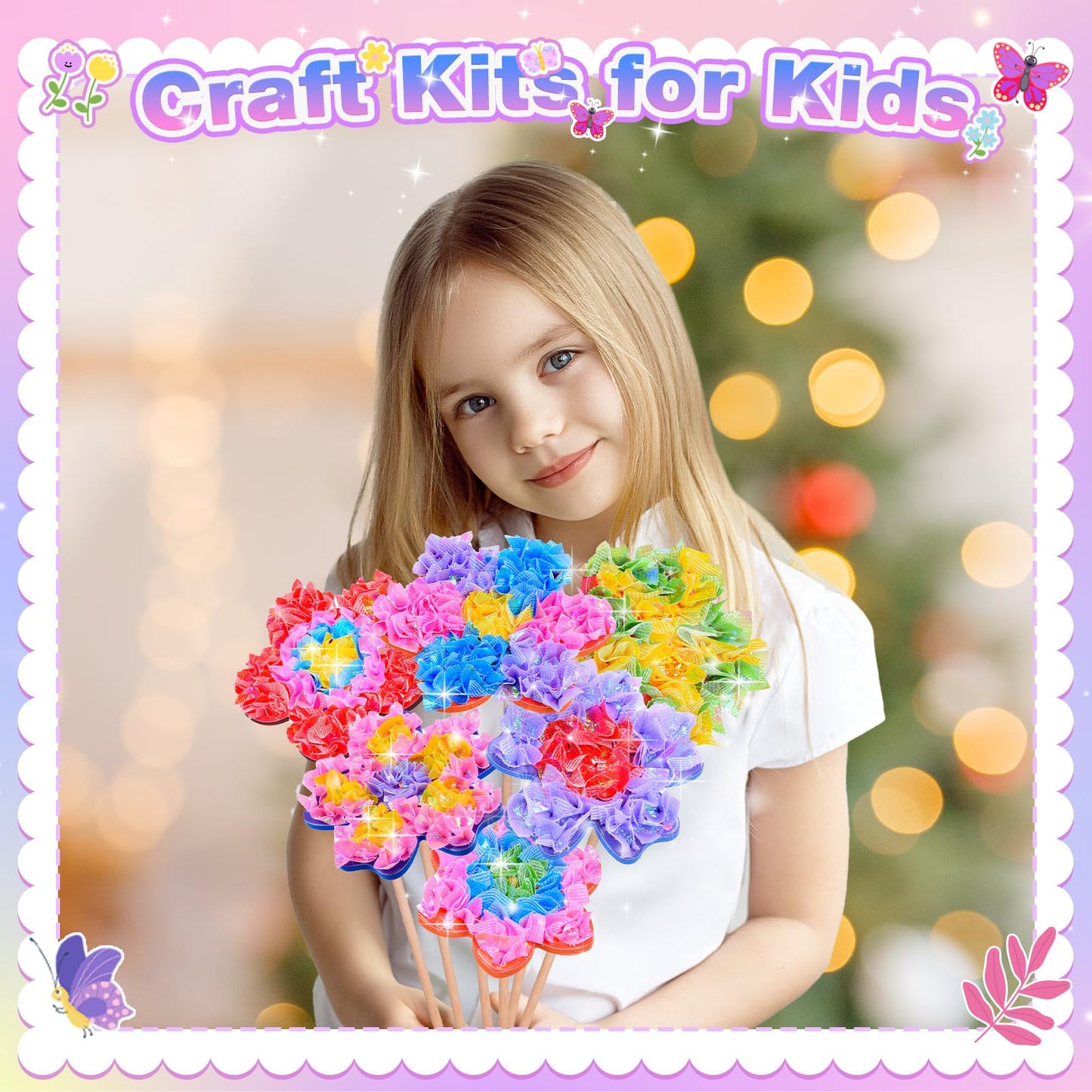 Arts and Crafts for Girls Ages 4-12, Poke Art Flower Bouquet with 8 Flowers & 2 Butterflies DIY Creative Activity Mess-Free Fun for Kid Party Favors