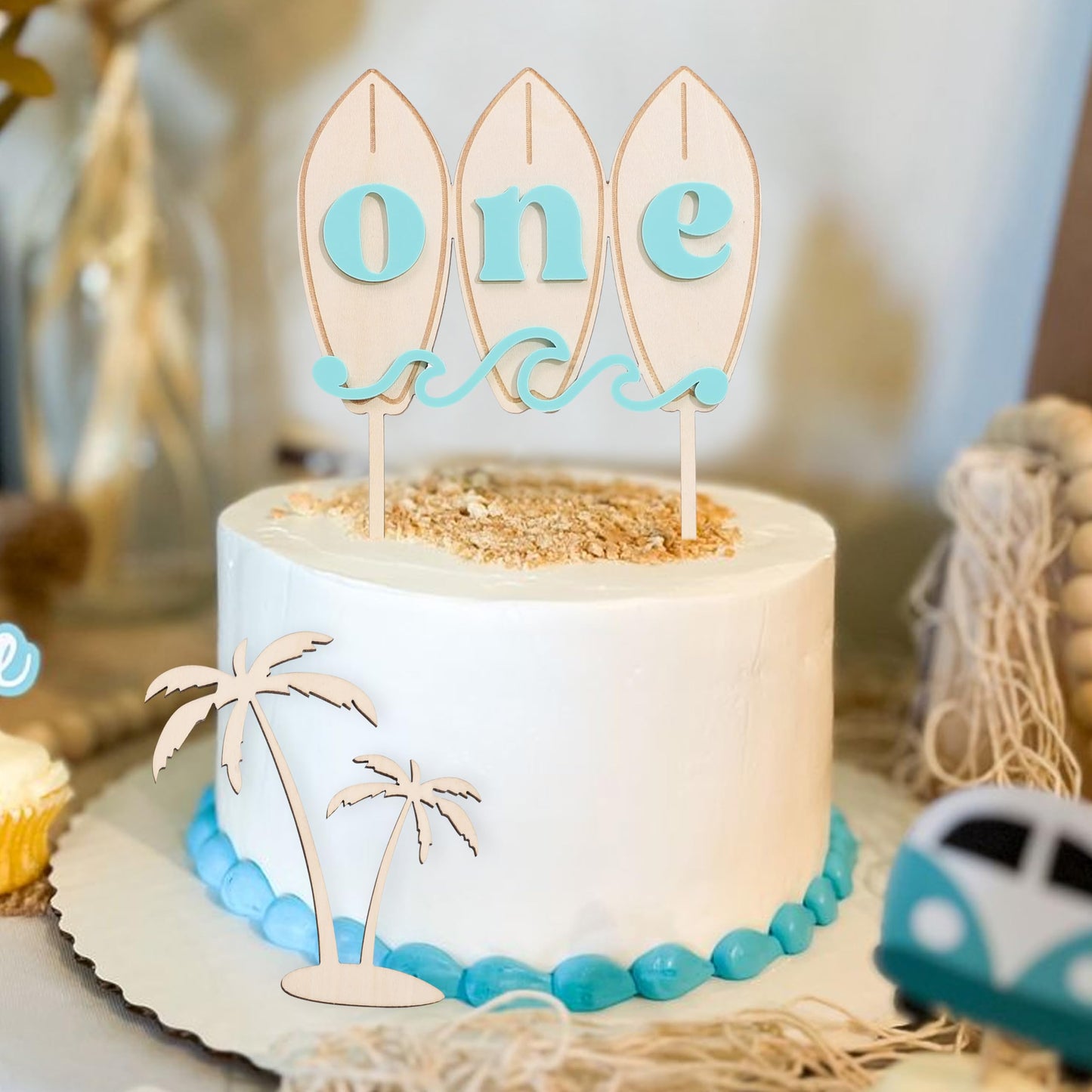 Big One Wave Surf Wood Cake Topper - Surfboard Birthday Cake Decoration, Beach Wave Themed Birthday, Surfboard One Cake Topper, Surfing The Big One