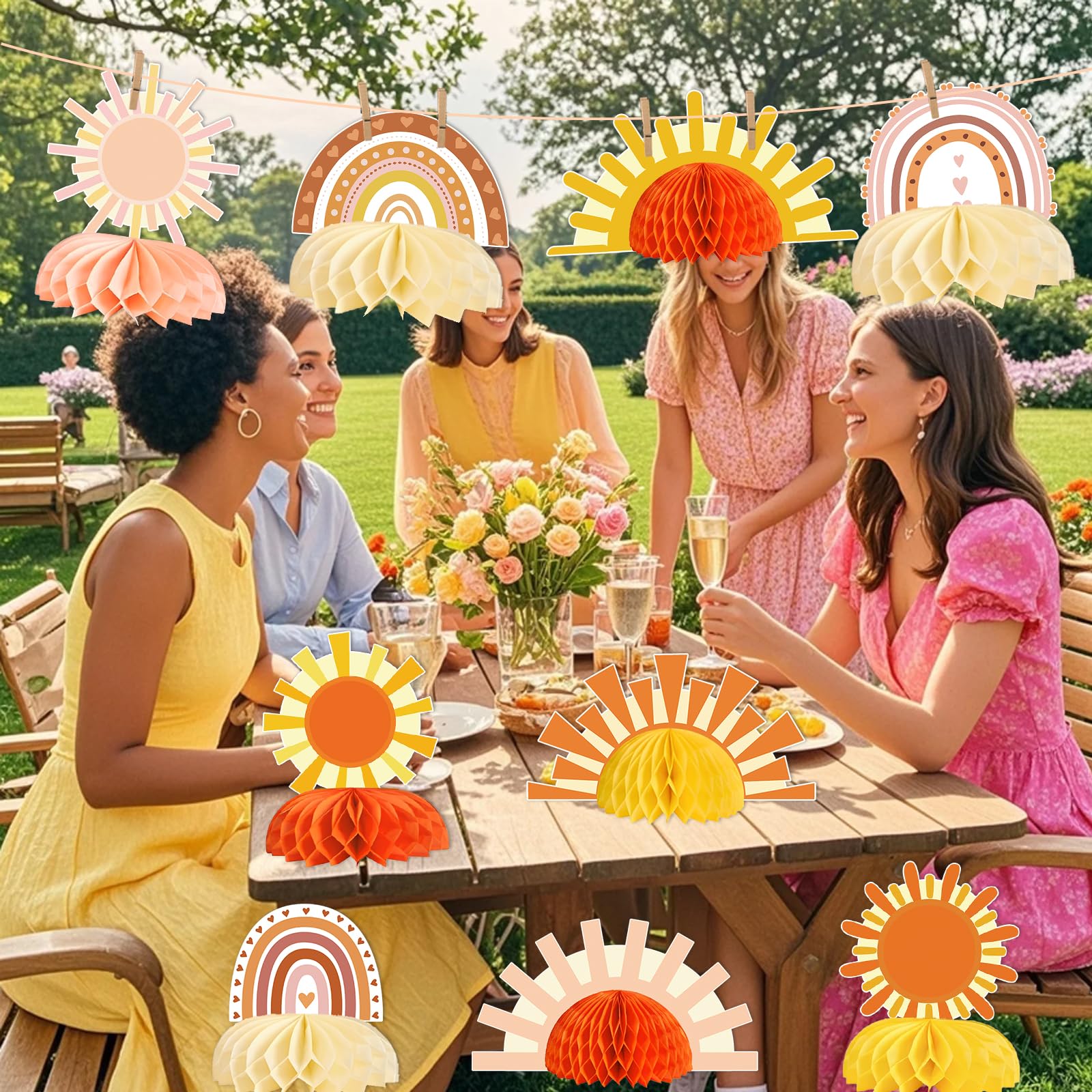 9pcs Boho Sun Honeycomb Centerpieces, First Trip Around The Sun Decorations, Boho Rainbow Sunrise Party Decorations, Sunshine Birthday Table Toppers