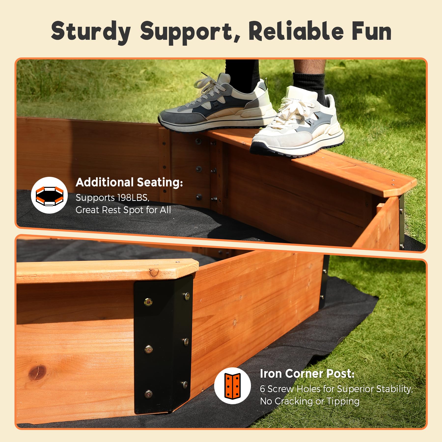 FUNTOK 85''x85''x9'' Octagon Sandbox for Kids, Large Natural Wooden Sandpit with 4 Benches, Bottom Liner, PVC Cover, 198 Lbs Weight Capacity, Sand Box