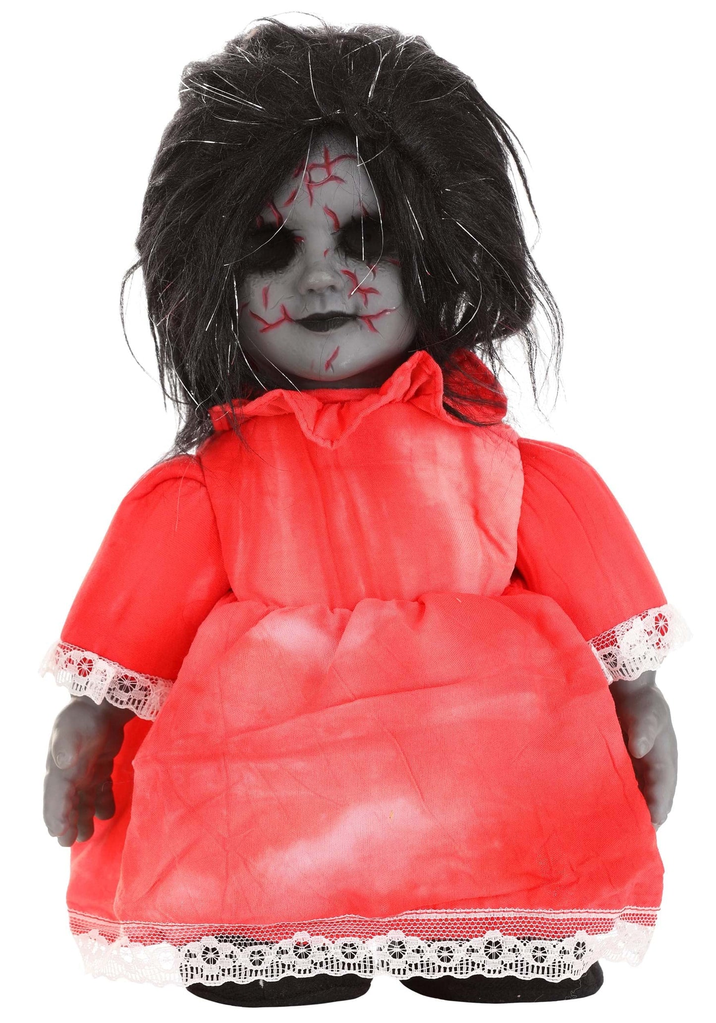 Fun Costumes Haunted Heather Doll Creepy Halloween Decorations, Animated Decor Molded Plastic Head, Hands, & Torso, Soft Arms, Scary Dolls