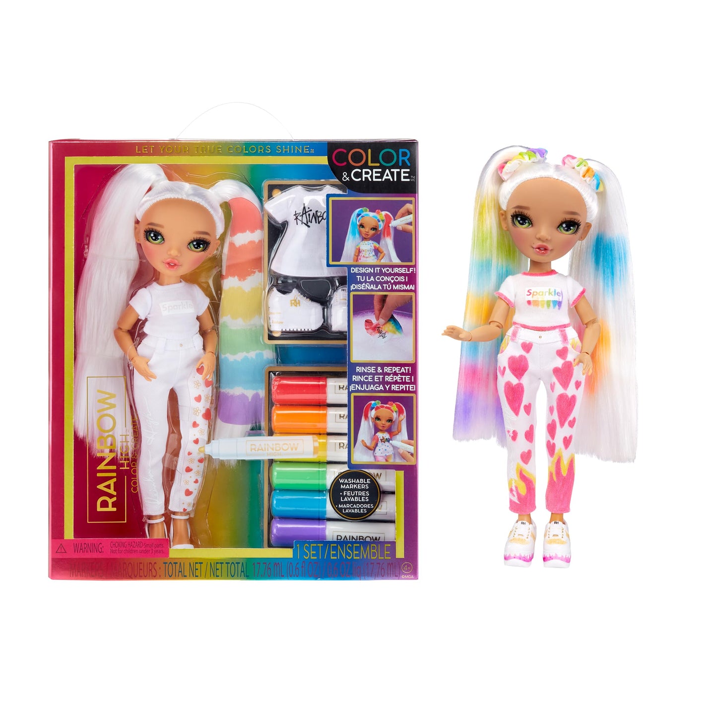 Rainbow High Color & Create Fashion DIY Doll with Washable Rainbow Markers, Green Eyes, Straight Hair in 2 Pig Tails, Bonus Top & Shoes. Color