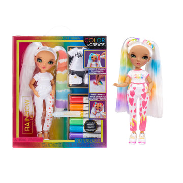 Rainbow High Color & Create Fashion DIY Doll with Washable Rainbow Markers, Green Eyes, Straight Hair in 2 Pig Tails, Bonus Top & Shoes. Color