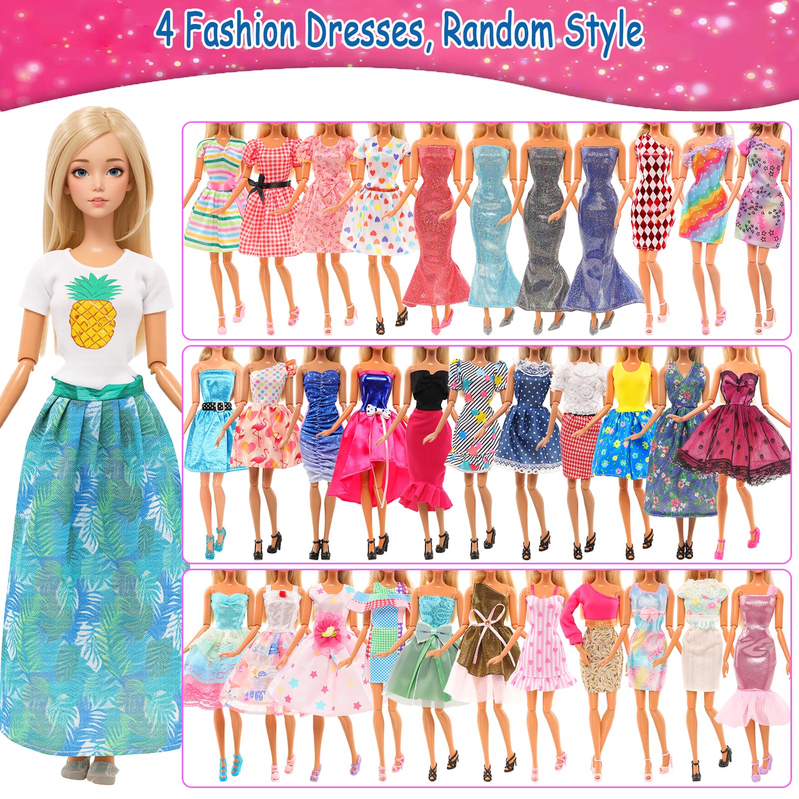 Barwa Lot 36 Items 3 Fashion Dresses 3 Casual Tops and Pants Outfits 6 Pcs Mini Dresses with 1 Bags 10 Shoes, 13 Accessories for 11.5 Inch Girl Doll