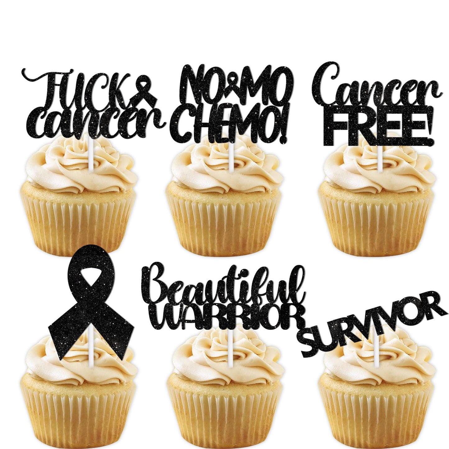 18pcs Black Glitter Dessert Cupcake Topper Cancer Chemo Free Survivor Warrior Theme Decor Supplies Breast Cancer Breast Care Awareness Birthday Party