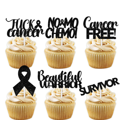18pcs Black Glitter Dessert Cupcake Topper Cancer Chemo Free Survivor Warrior Theme Decor Supplies Breast Cancer Breast Care Awareness Birthday Party