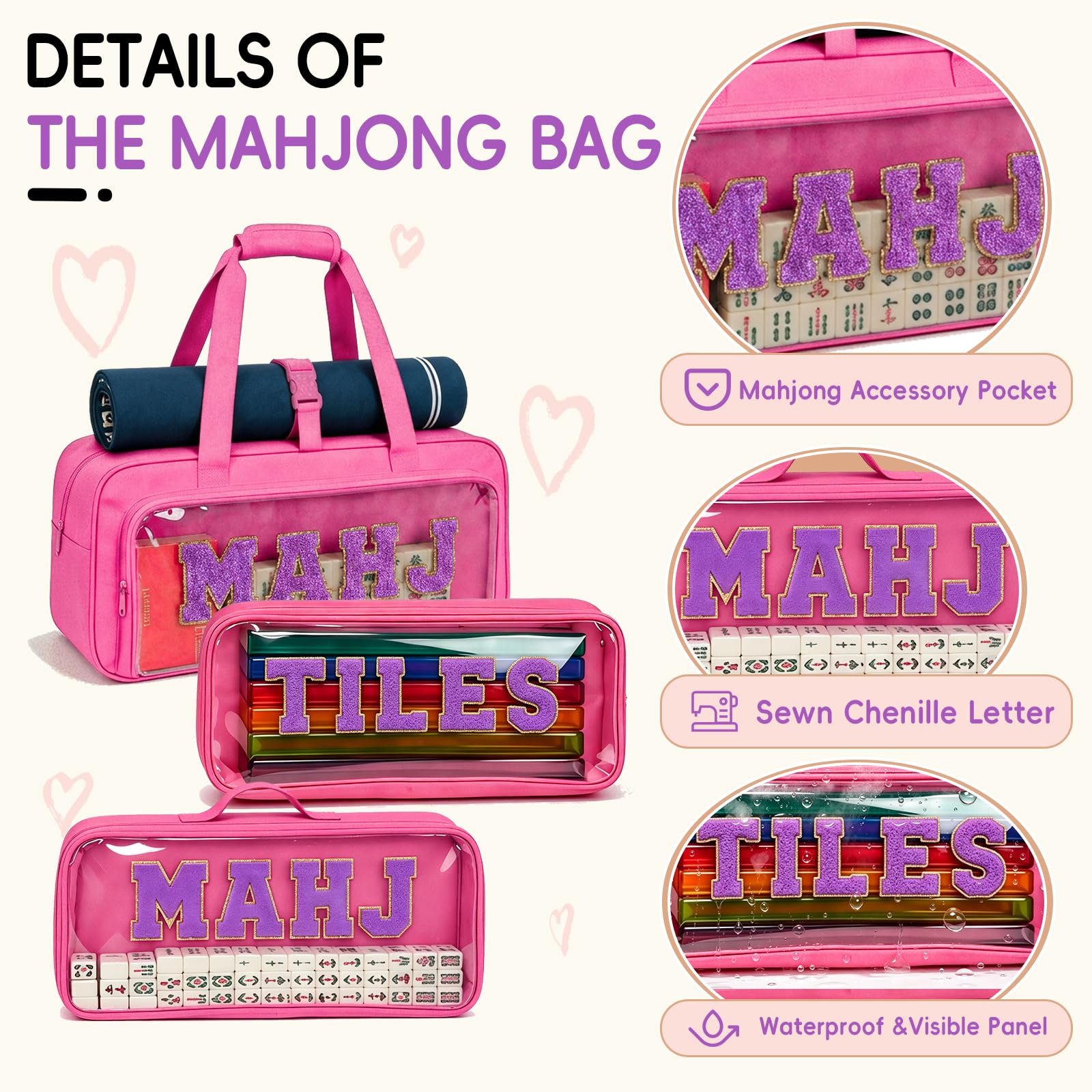 3pcs Empty Mahjong Bag, American Mahjong Set Bag for Tiles and Racks, Canvas Tote Bag with Mat Holder Magic Tape and Sewn Chenille Letter, Zippered