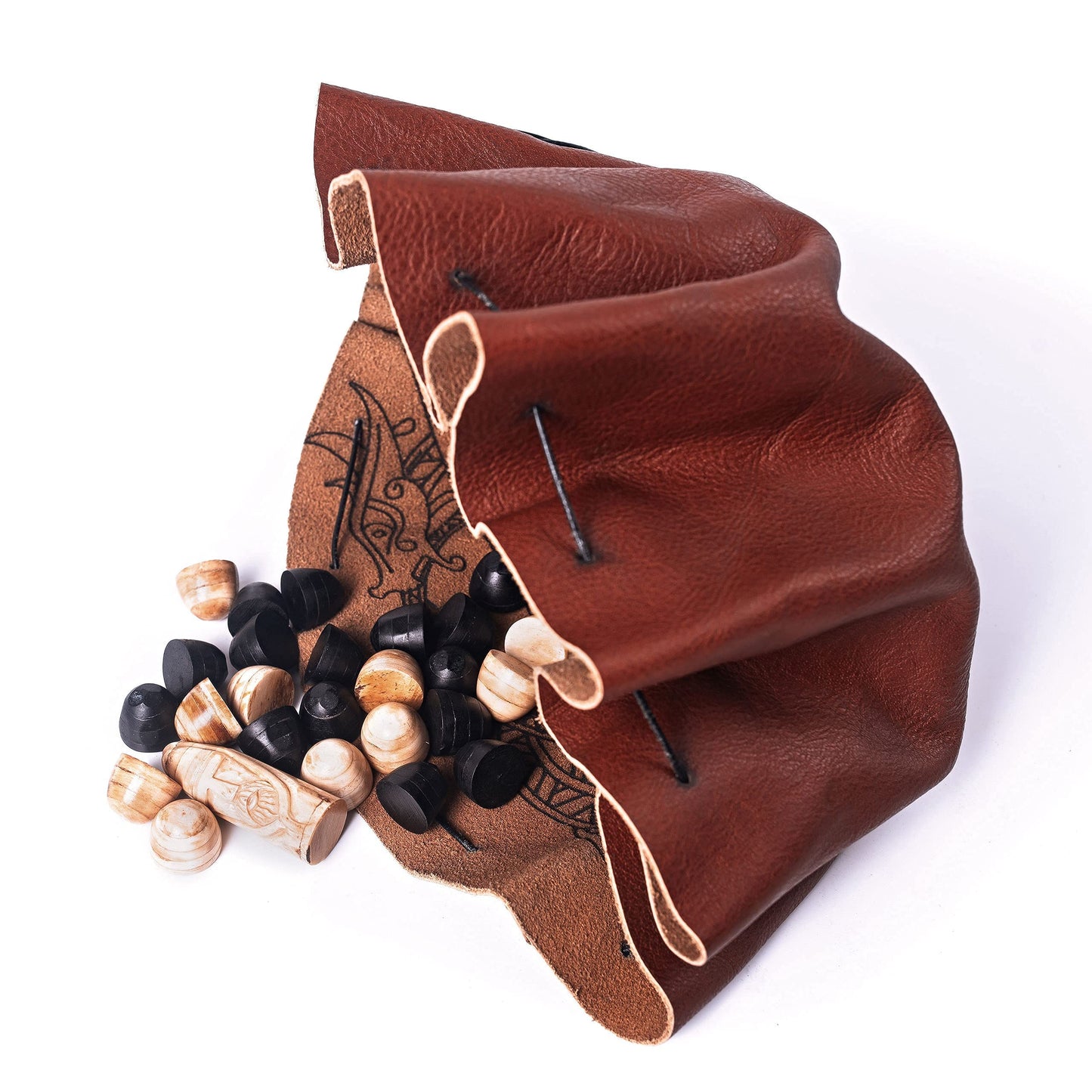 Handcrafted Viking Hnefatafl Set with 100% Genuine Ox-Bone Game Pieces and Premium Leather Game Mat - Leather Chord Tie System for Easy Store & Travel
