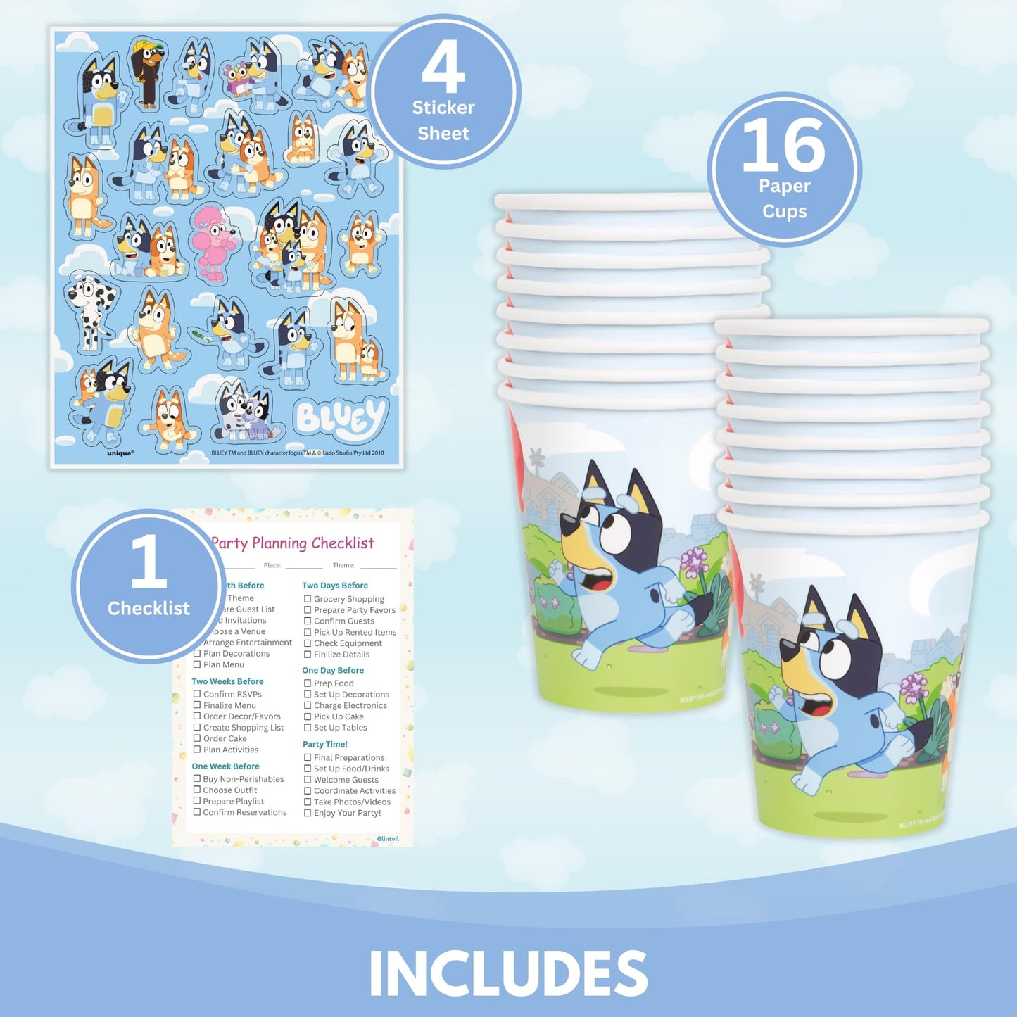Unique Bluey Cups with Stickers | 16 Paper Cups, 4 Sticker Sheets, Checklist | Bluey Birthday Decorations | Party Supplies for Boys and Girls |