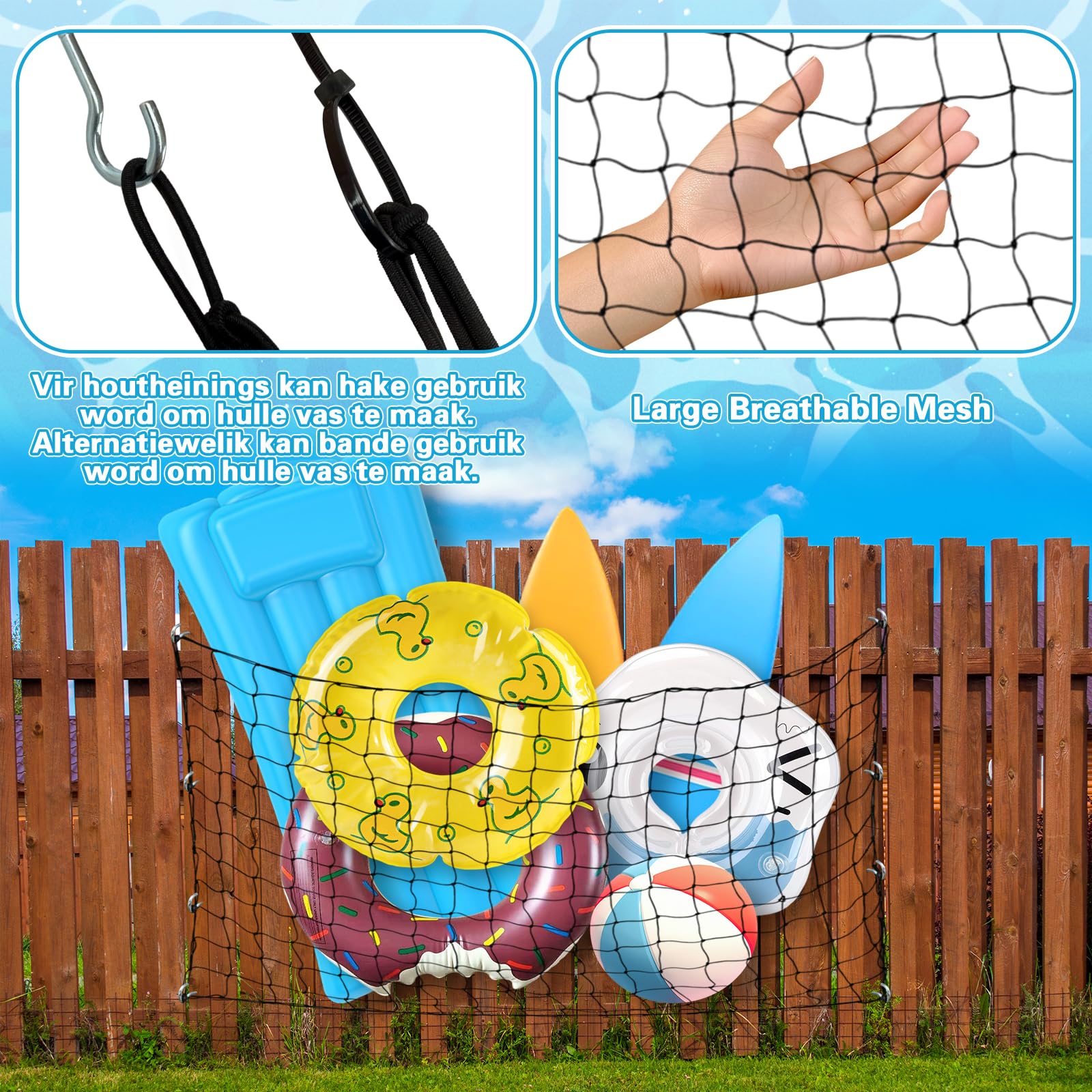 71 x 47 in Large Pool Toy Float Storage Net with 20 Hooks and 20 Cable Ties