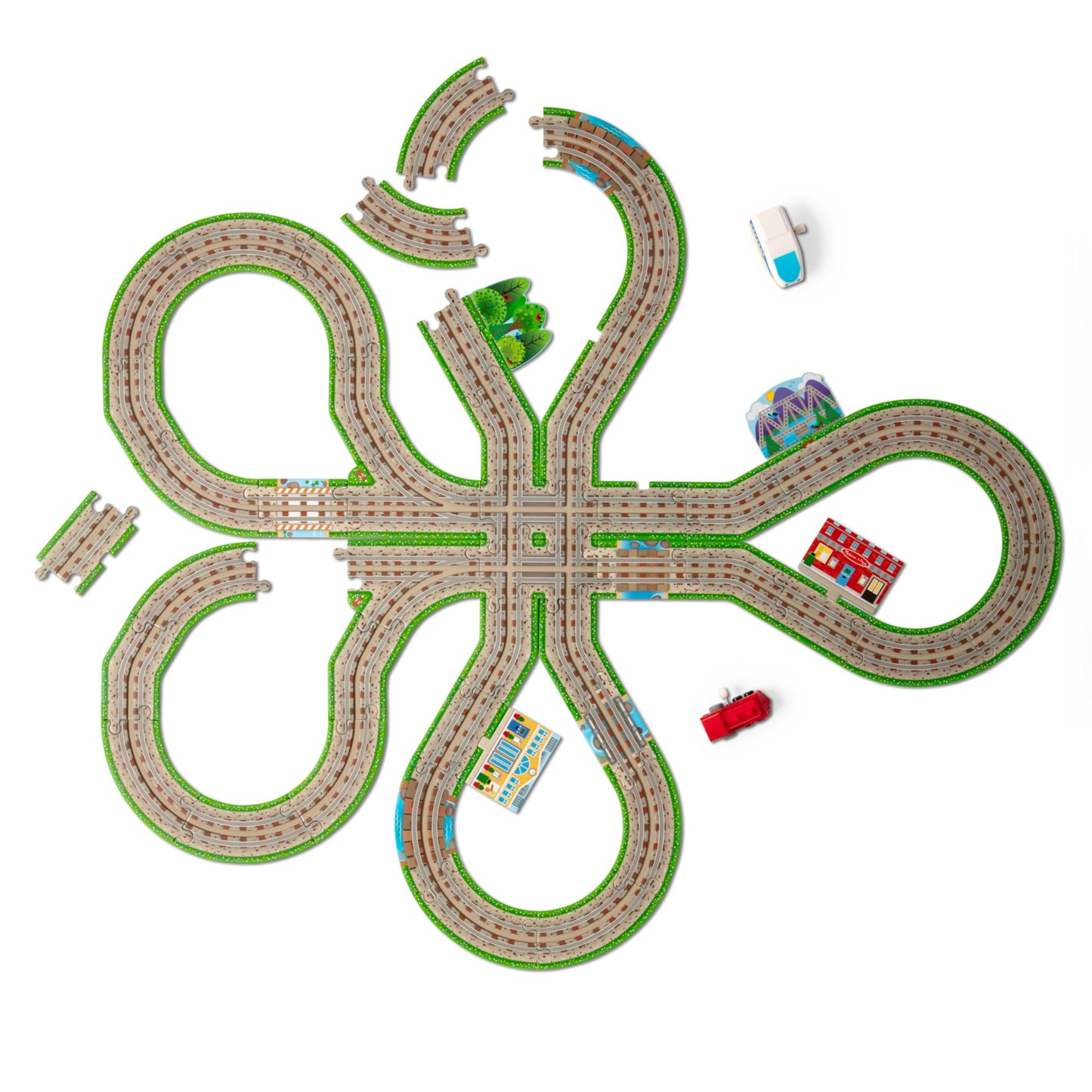 Melissa & Doug Design Your Own Railroad 48-Piece Floor Puzzle with 2 Wind-up Toy Trains and Interchangeable Scenery, Kids Puzzles with Preschool Toys