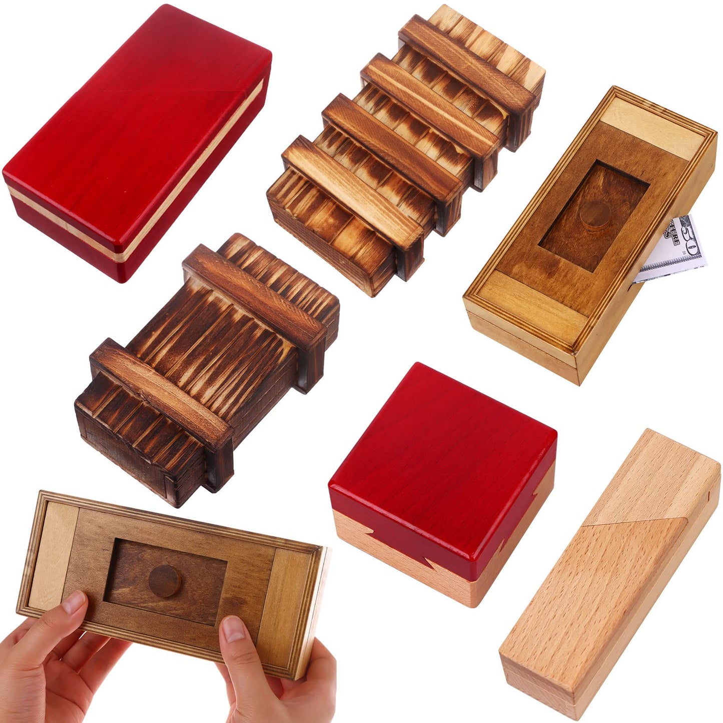 Puzzle Box 6 Pack Wooden Secret Puzzle Box with Hidden Compartment 3D Brain Teaser Magic Drawers Secret Magic Box Wooden Box Puzzle Case Difficult