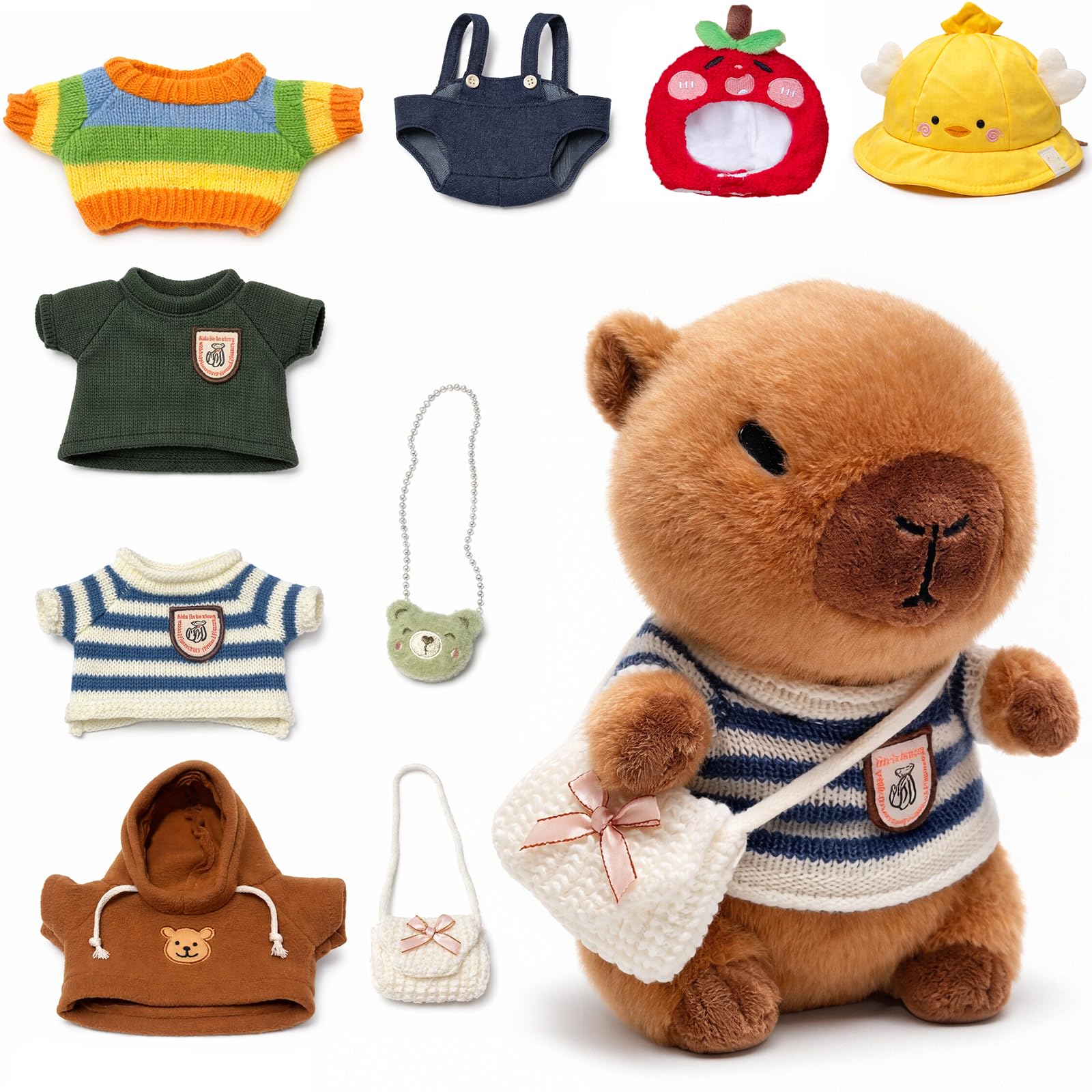 TITQWOP 10.2" Brown Capybara Plush Toy with 9 Clothes and Accessories Super Soft Capybara Stuffed Animal for Kids Girls Boys (Brown Capybara)