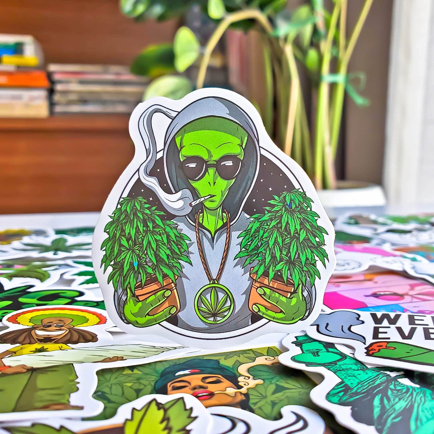 90 pcs Smoking Green Sticker Pack - Use as Cannabis Weed Leaf Stickers, Trippy Stoner Stickers, Marijuana 420 Theme Decors on Bong, Skateboard