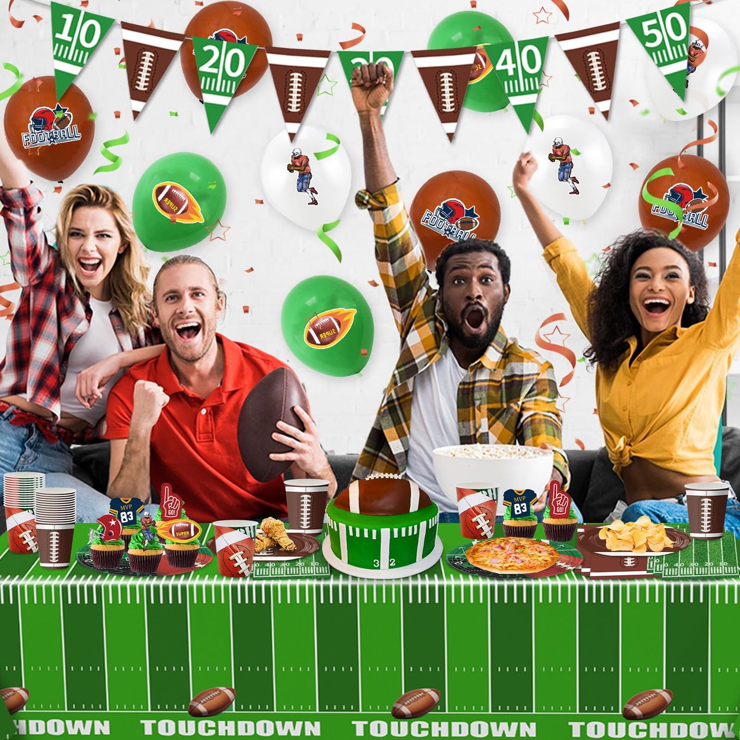 140PCS Football Party Supplies Tableware Set Serve 24, Football Birthday Party Decorations Includes Plates Napkins Cups Banner Balloons Cake
