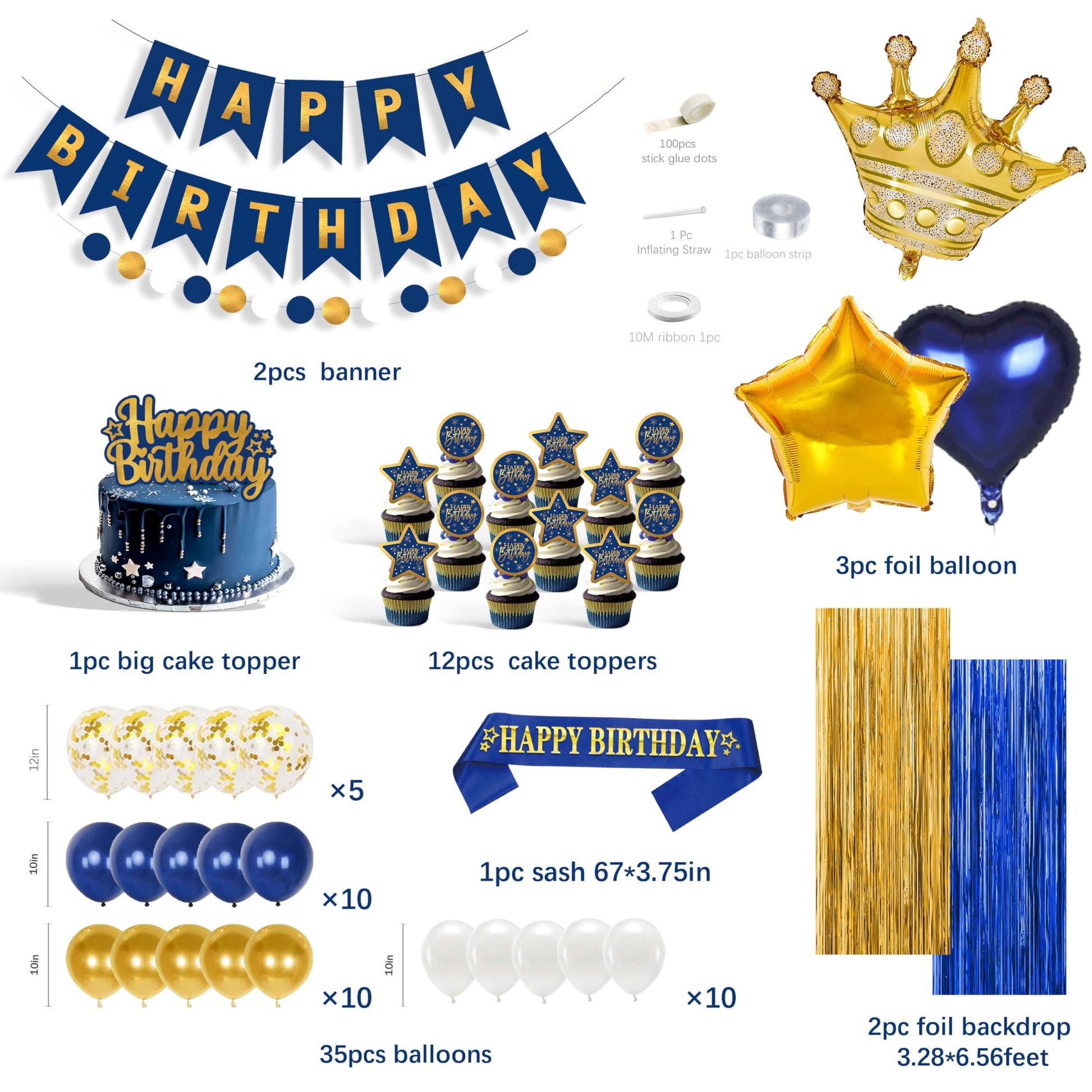 Blue And Gold Birthday Decorations for Men,Fringe Curtains Happy Birthday Banner,Red balloons,Cake Toppers for Boys