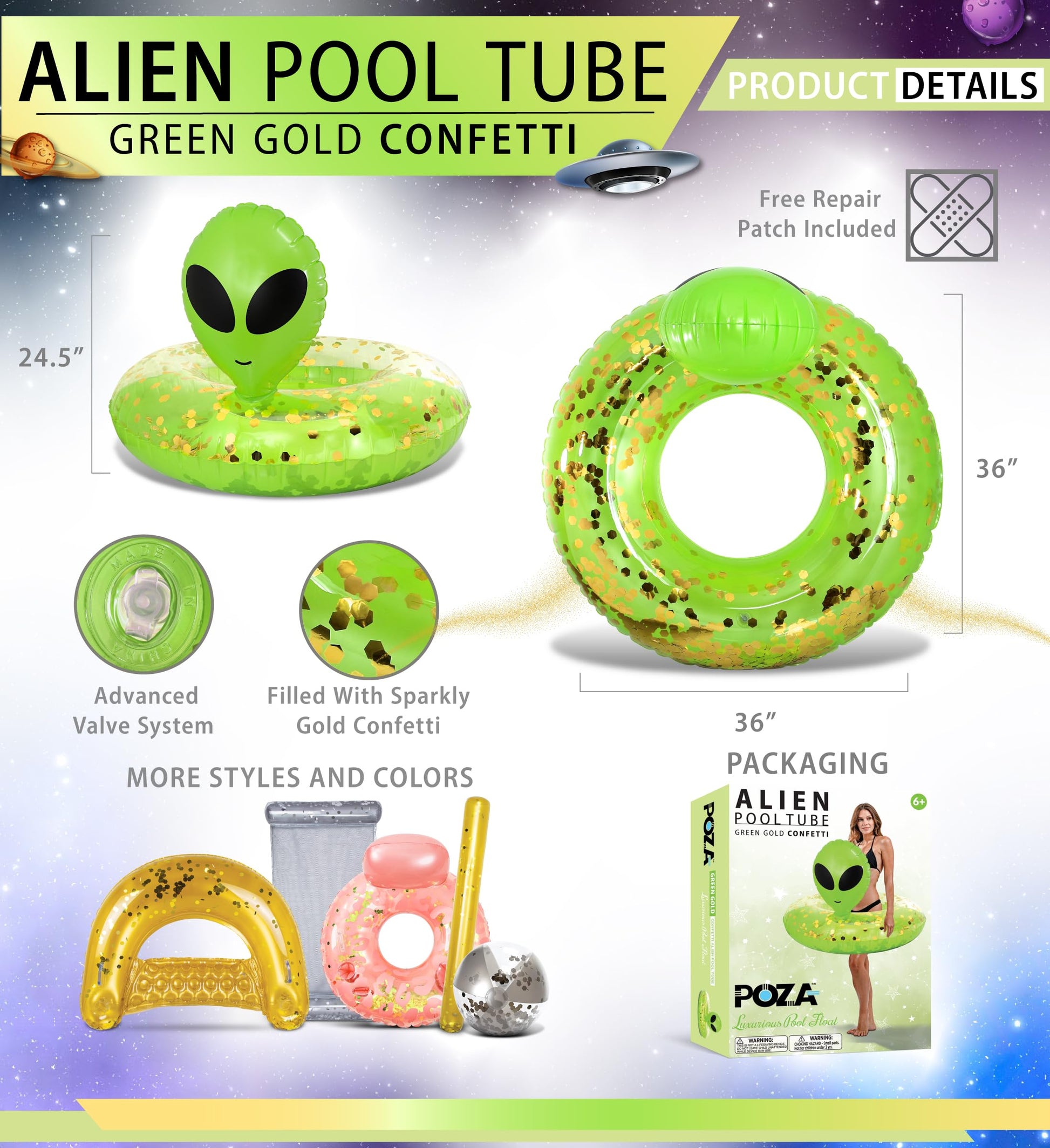 POZA Inflatable Alien Pool Float Tube - Heavy Duty Vinyl UV Resistant Confetti Pool Alien Floatie, Cool Pool Float Swim Ring Pool Inflatables