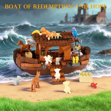 Noah's Ark Boat Building Blocks, Jesus Bible Religious Story Ship Toys with Animals & Plants Compatible with Lego, Baptism Gifts Easter Gifts