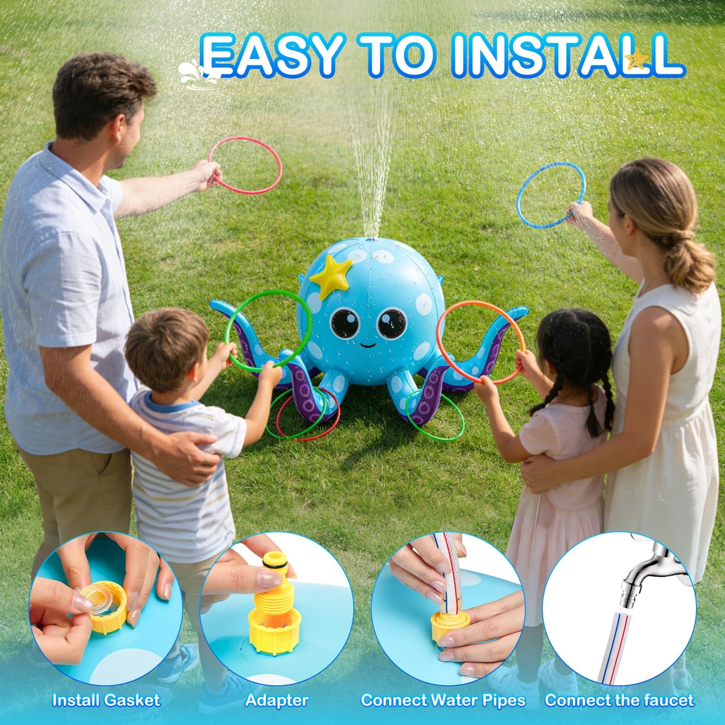 Sprinkler for Kids, Inflatable Octopus Water Toys with 6 Rings, Kids Sprinklers for Yard, Summer Outdoor Toys Backyard Water Spray Sprinkler Fun Toy