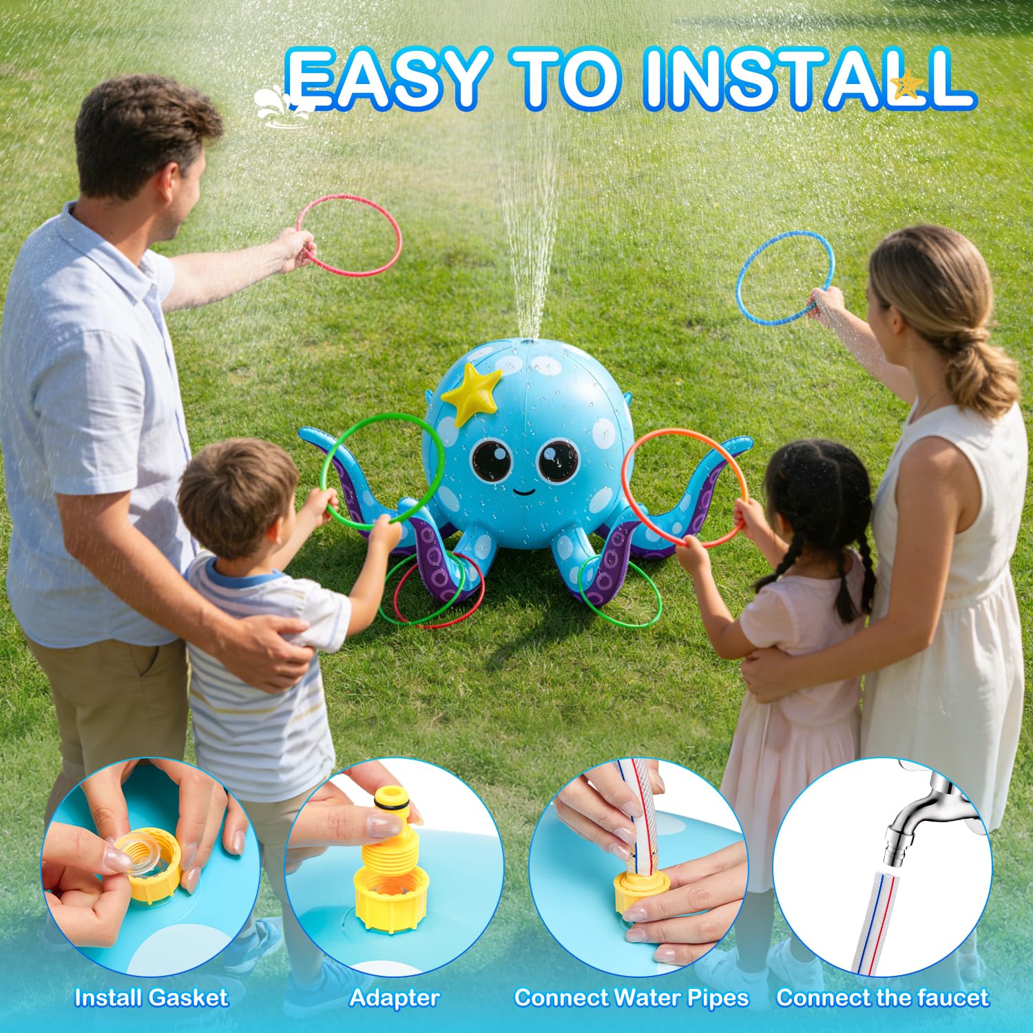 Sprinkler for Kids, Inflatable Octopus Water Toys with 6 Rings, Kids Sprinklers for Yard, Summer Outdoor Toys Backyard Water Spray Sprinkler Fun Toy