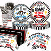 126pcs Race Car 1st Birthday Party Plates - Black and White Checkered Fast One Dessert Plates Napkins Straws Paper Cups Racing Tablecloth for Baby