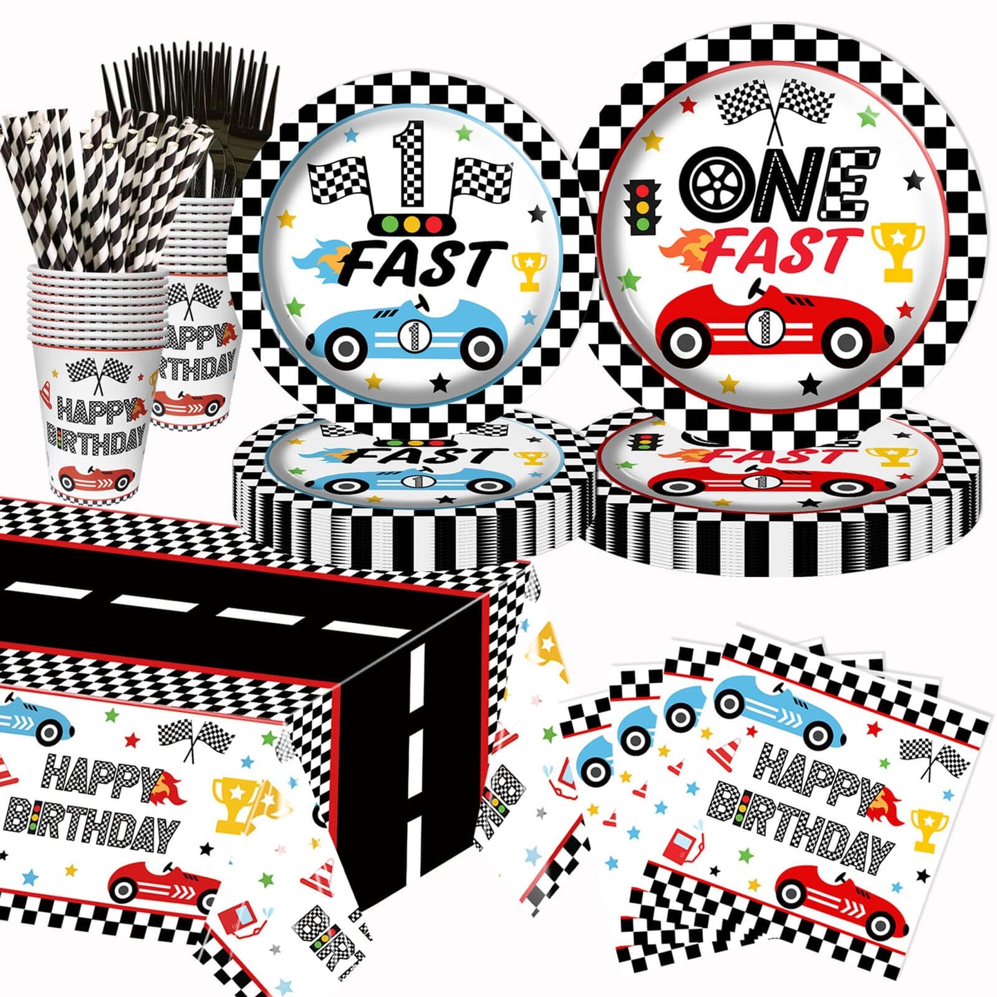 126pcs Race Car 1st Birthday Party Plates - Black and White Checkered Fast One Dessert Plates Napkins Straws Paper Cups Racing Tablecloth for Baby
