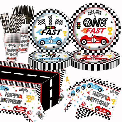 126pcs Race Car 1st Birthday Party Plates - Black and White Checkered Fast One Dessert Plates Napkins Straws Paper Cups Racing Tablecloth for Baby