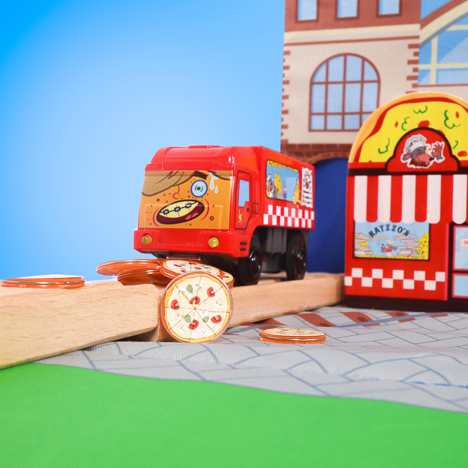 Pete-Za Motorized Train for Wooden Track - Pizza Themed Battery Operated Locomotive - Includes Magnetic Pizza Pieces - Electric Powered Engine