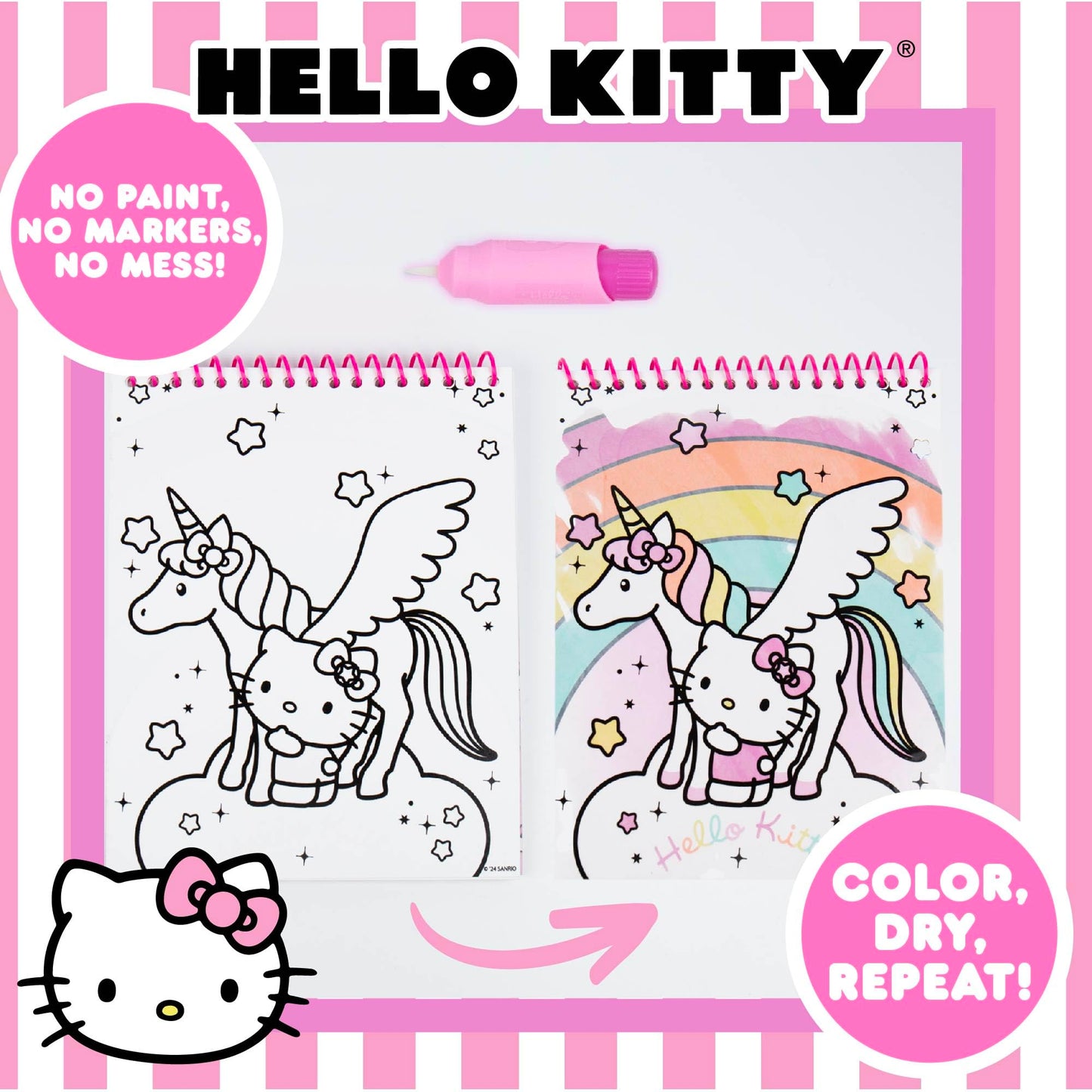 Hello Kitty Aqua Art Pad, 4 Art Pages, On The Go Reusable Water-Reveal Activity Pad, Mess Free Arts and Crafts, Paint with Water Brush Set, Kids Toys