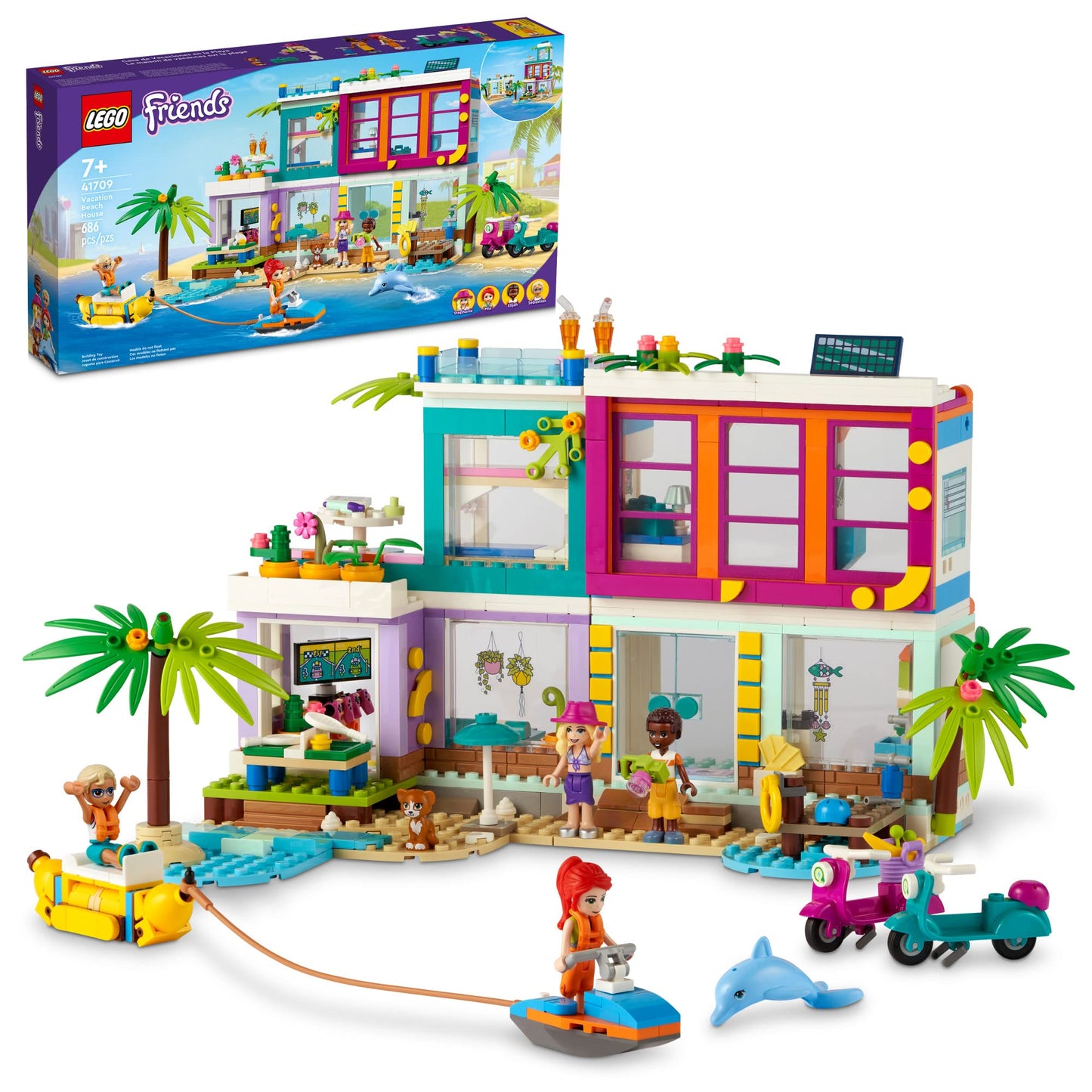LEGO Friends Vacation Beach House 41709 Building Kit; Gift for Kids Aged 7+; Includes a Mia Mini-Doll, Plus 3 More Characters and 2 Animal Figures