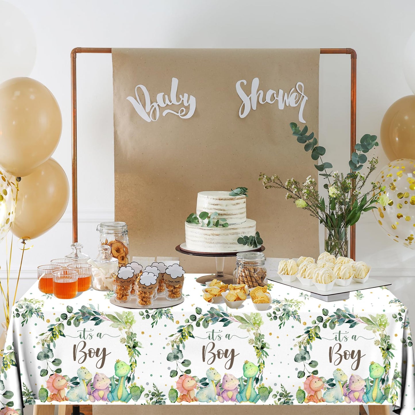 3pcs Dinosaur Baby Shower Tablecloth for Boy Dino Baby Shower Decorations Disposable Waterproof It's a Boy Table Cover, Dinosaur Theme Baby Boy Shower