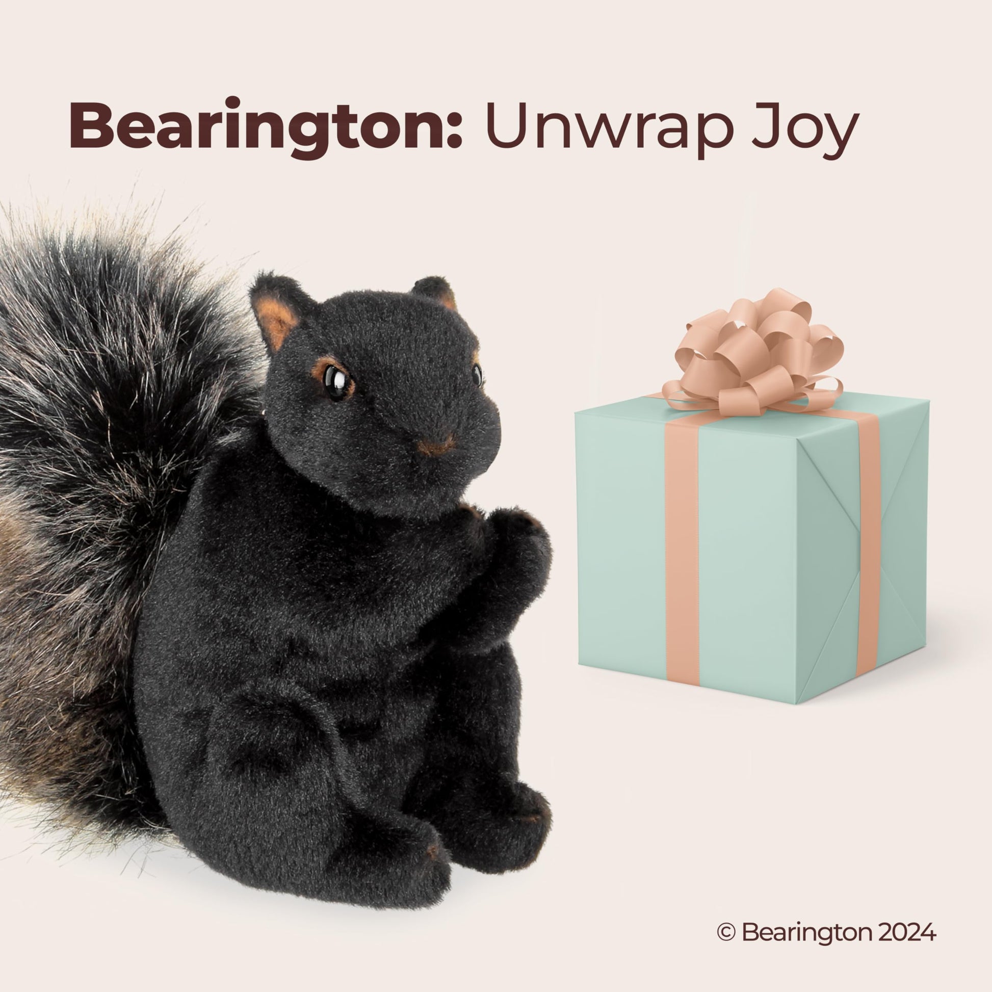 Bearington Acorn Black Plush Squirrel Stuffed Animal - 7" Realistic Soft Squirrel Toy for Kids - Cuddly, Adorable Woodland Creature Gift for Stuffed