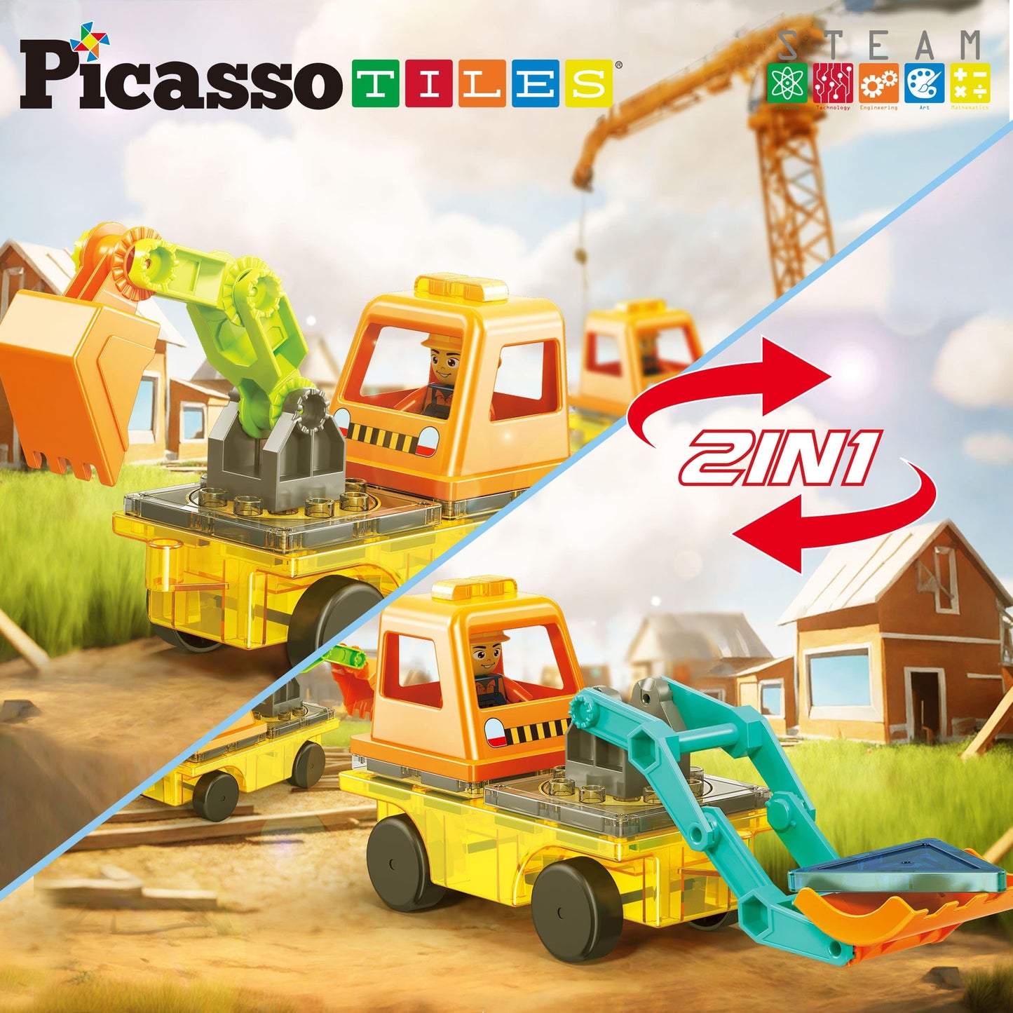 PicassoTiles Magnet Tiles Building Block 2-in-1 Excavator & Backhoe Brick Compatible Construction Playset with Car Base Magnetic Character Action