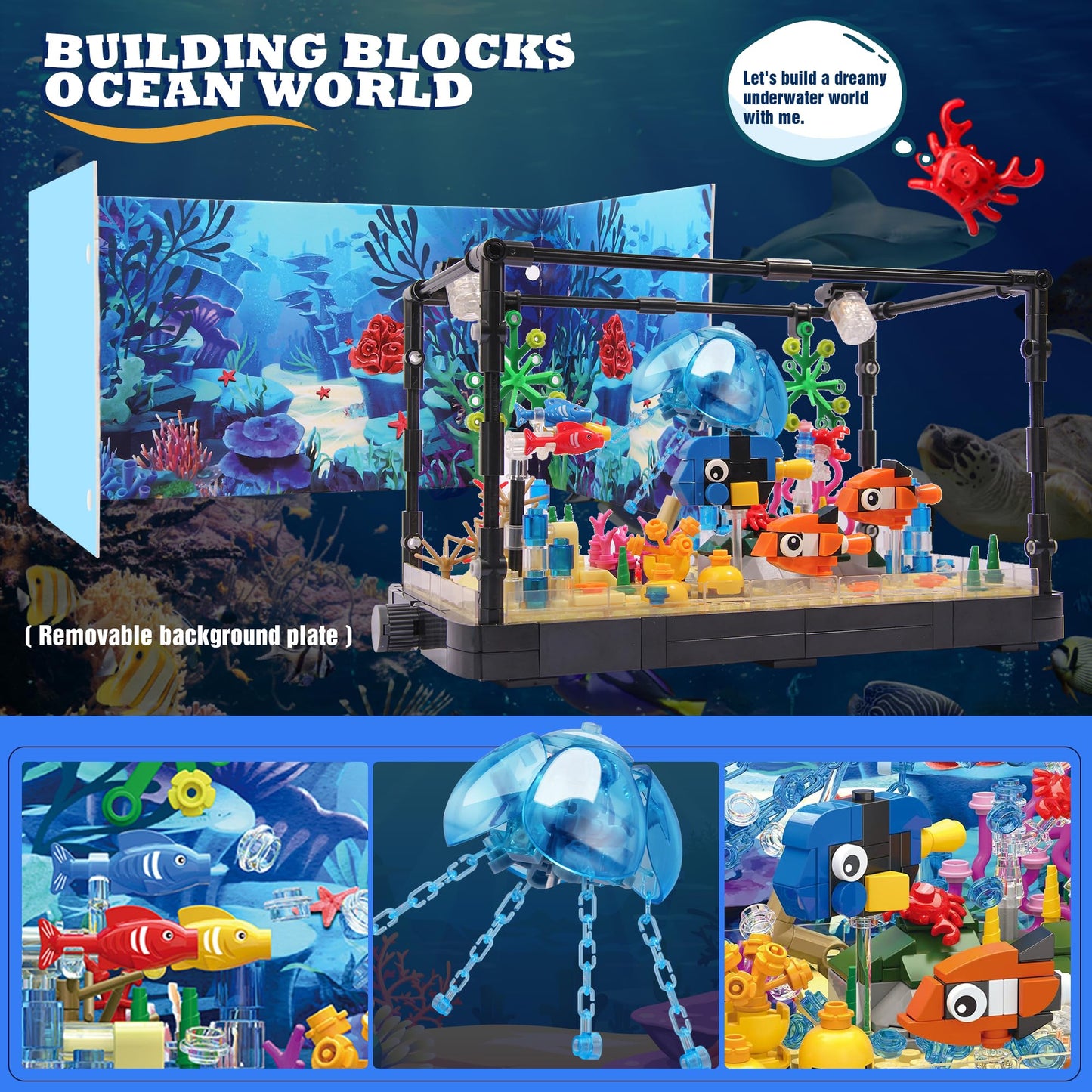 Jorumo Fish Tank Building Block, Lighting Aquarium Building Sets for Adults and Kids Including Ocean Jellyfish, Dolphin, Turtle, Crab, Animal Building