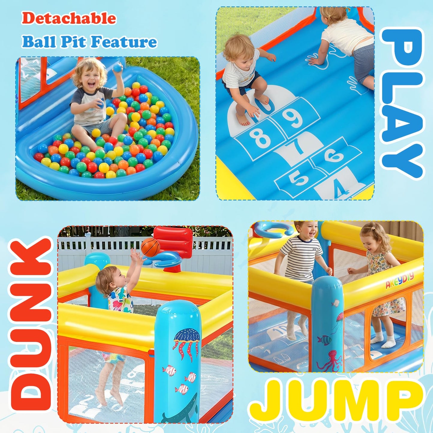 AKEYDIY Bounce House for Kids 3-6, Small Inflatable Bounce House PVC with Basketball Hoop & Hopscotch Game for Indoor/Outdoor Play (Small Bounce House