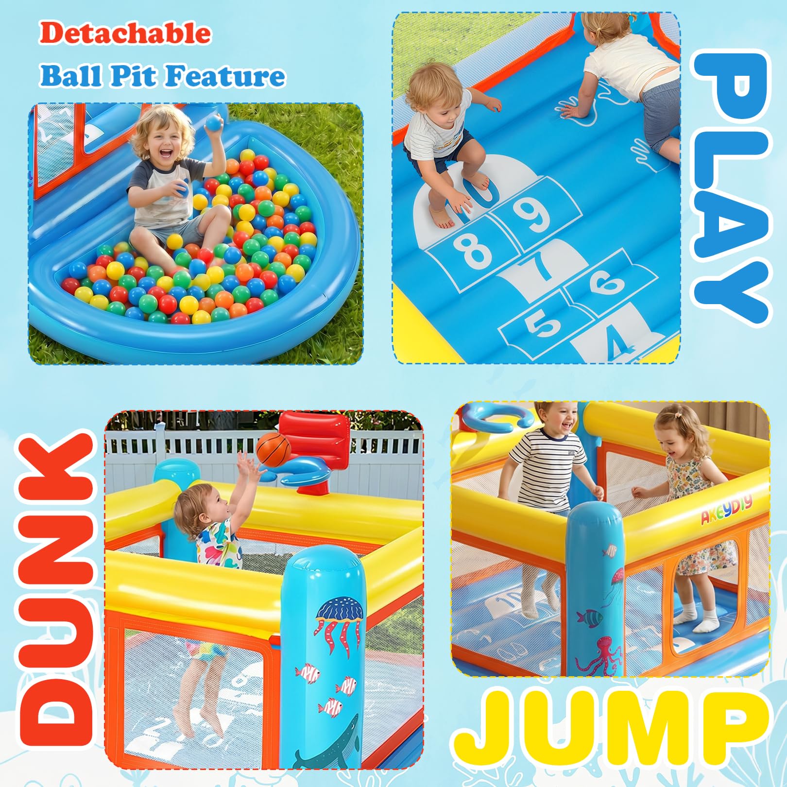 AKEYDIY Bounce House for Kids 3-6, Small Inflatable Bounce House PVC with Basketball Hoop & Hopscotch Game for Indoor/Outdoor Play (Small Bounce House