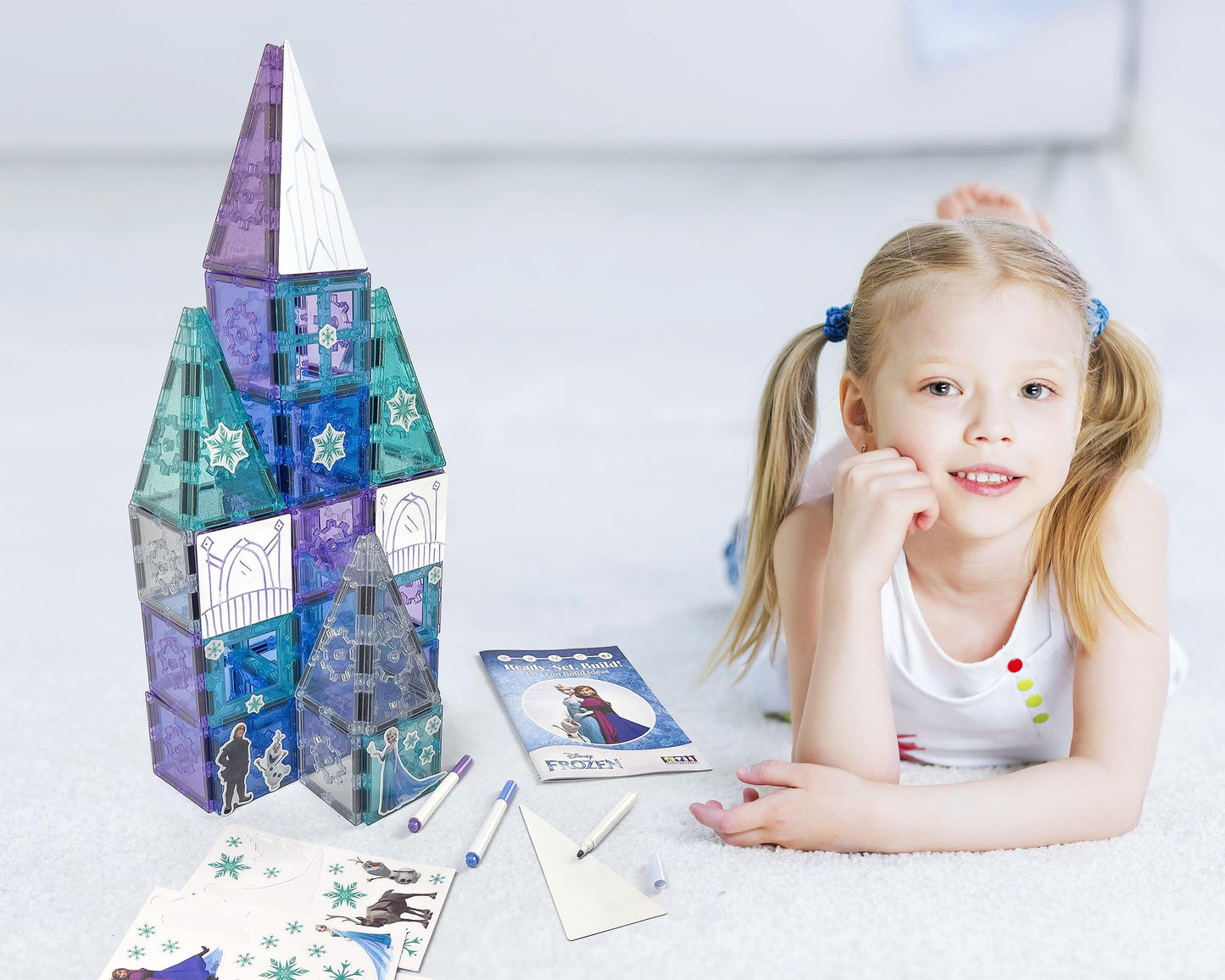 Tytan Toys Disney Frozen Magnetic Tiles Princess Castle - 68-Piece STEAM Building Set with Glitter Tiles & Elsa, Anna, Olaf Stickers - Educational