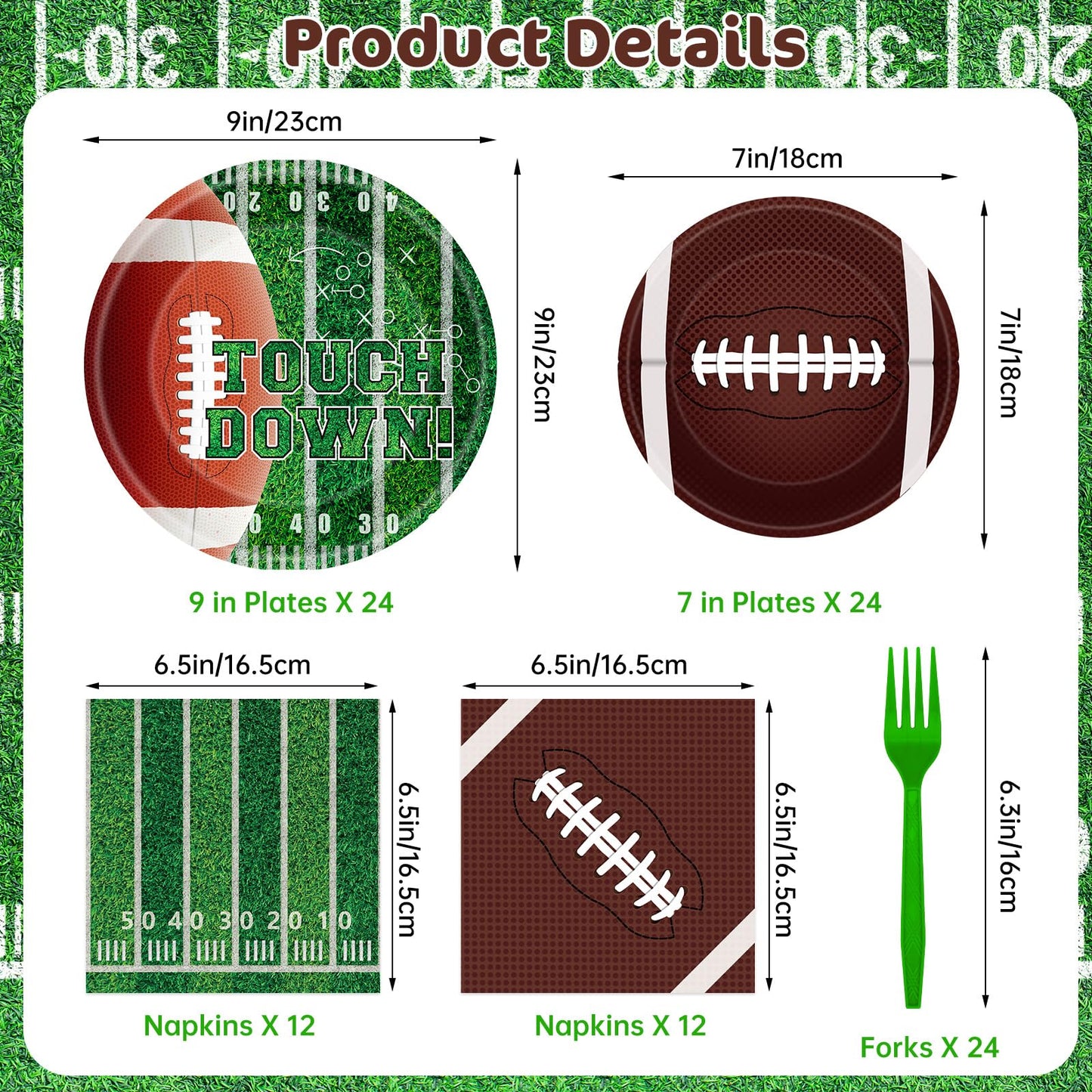 96 Pcs Football Plates and Napkins Forks Sets - Rugby Sports Themed Round Tableware, Disposable Touch Down Paper Plates Napkins Set for Football Game