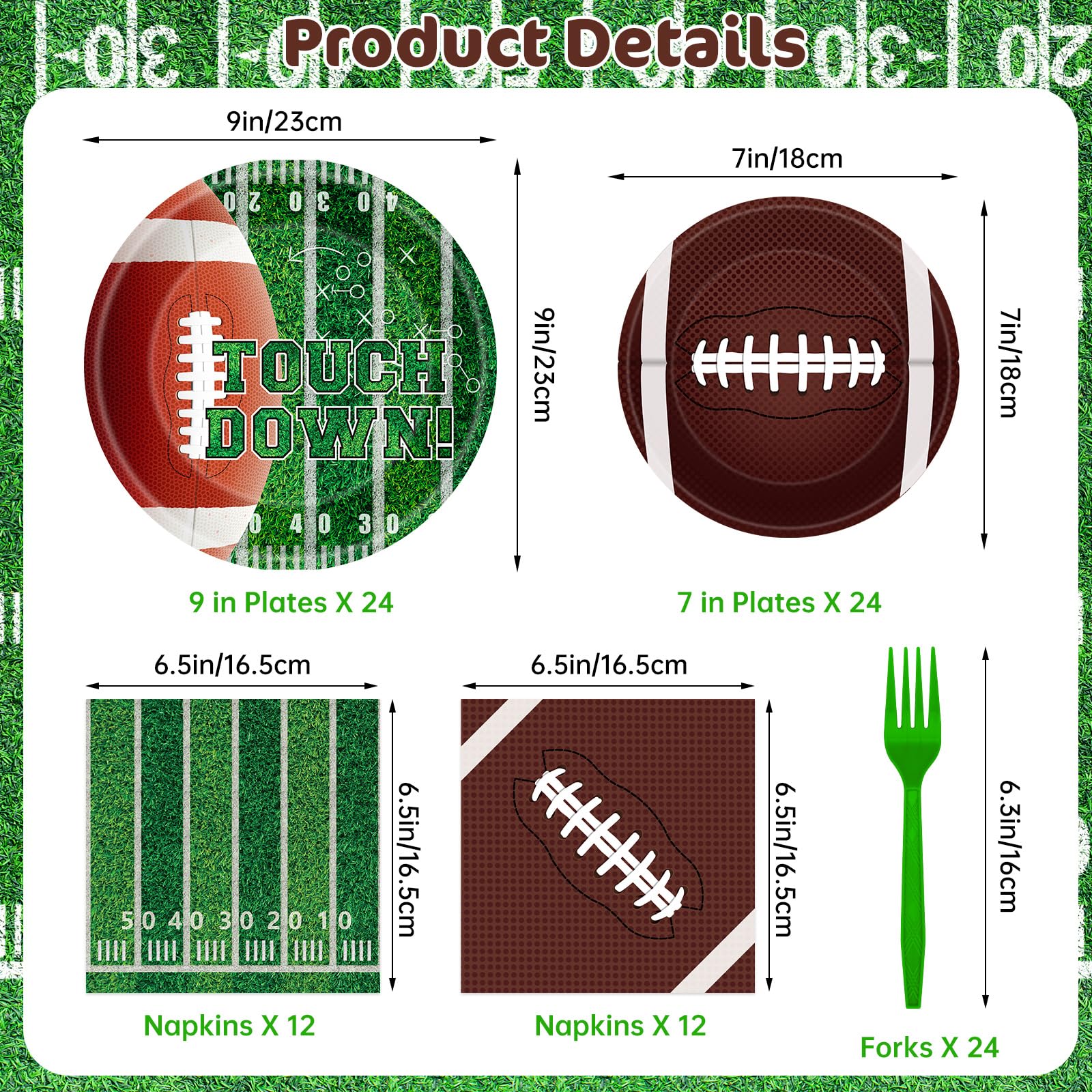 96 Pcs Football Plates and Napkins Forks Sets - Rugby Sports Themed Round Tableware, Disposable Touch Down Paper Plates Napkins Set for Football Game