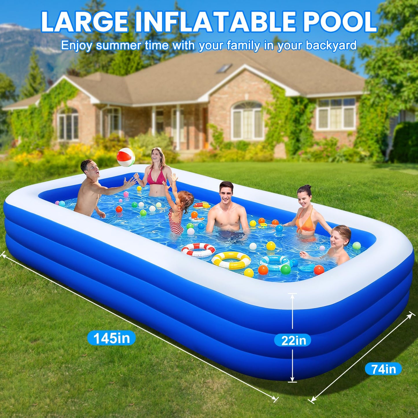 Extra Large Inflatable Pool for Adults, 145" x 74" x 22" Oversized Blow Up Family Swimming Pool, Durable Thickened Above Ground Pool for Backyard