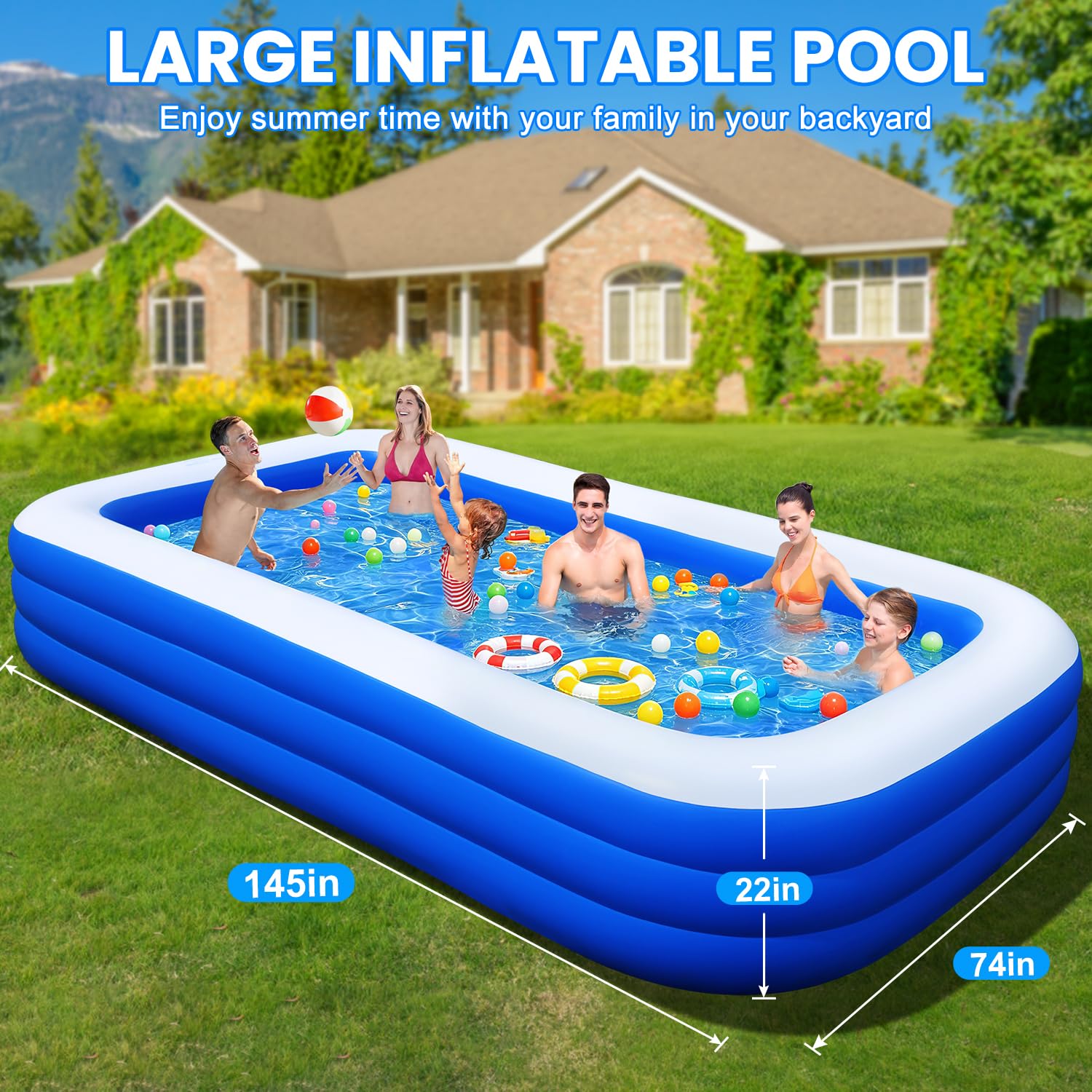 Extra Large Inflatable Pool for Adults, 145" x 74" x 22" Oversized Blow Up Family Swimming Pool, Durable Thickened Above Ground Pool for Backyard