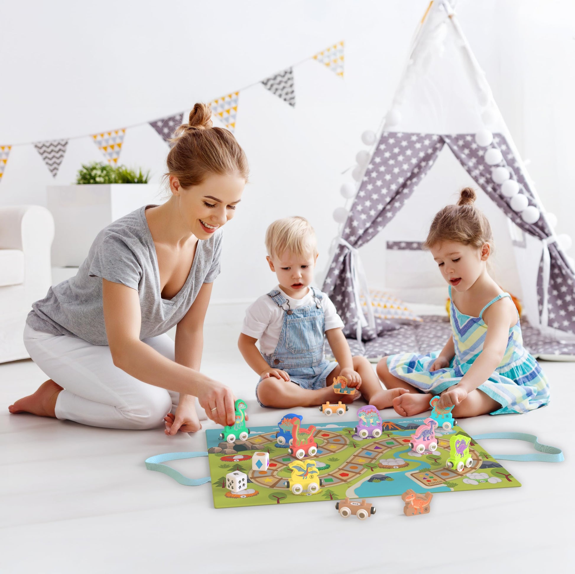 ORBRIUM Wooden Train Set Magnetic Dinosaur Trains Montessori STEM Toys Number Counting Shapes Colors Dice Game Mat Bag for Toddlers Kids Grandkids