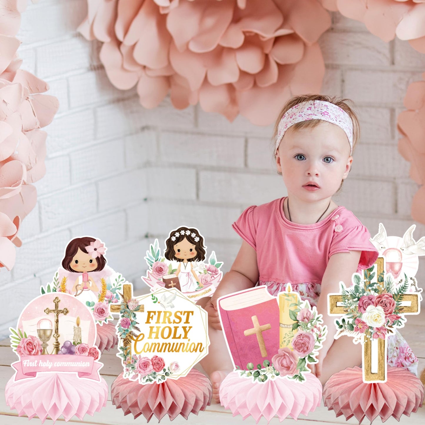 24Pcs First Communion Decorations for Girls - Pink Floral Baptism Centerpieces for Tables Baptism Decorations Honeycomb Centerpiece Double Sided Table